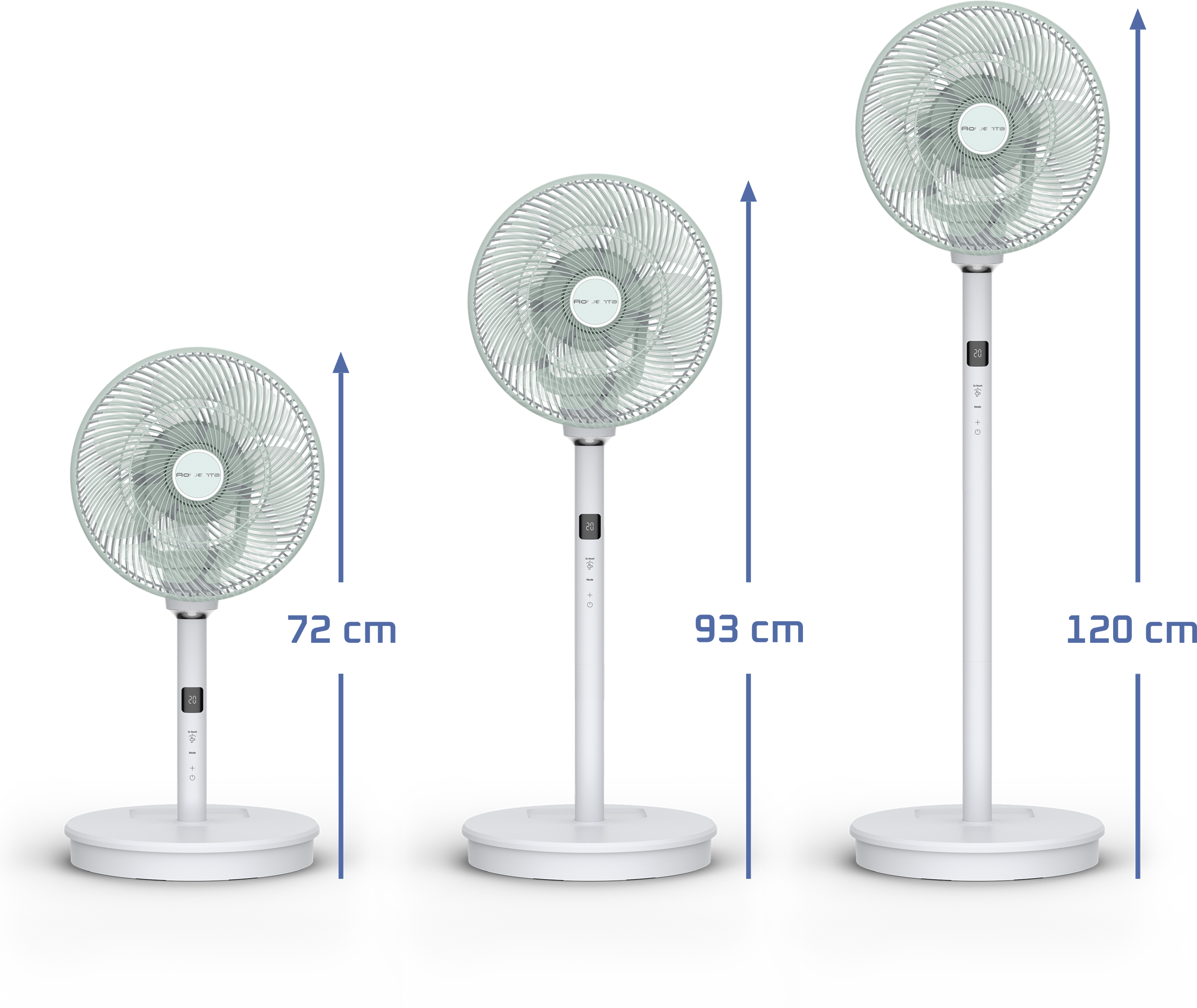 Három fehér álló ventilátor különböző magasságban: 72 cm, 93 cm, 120 cm.