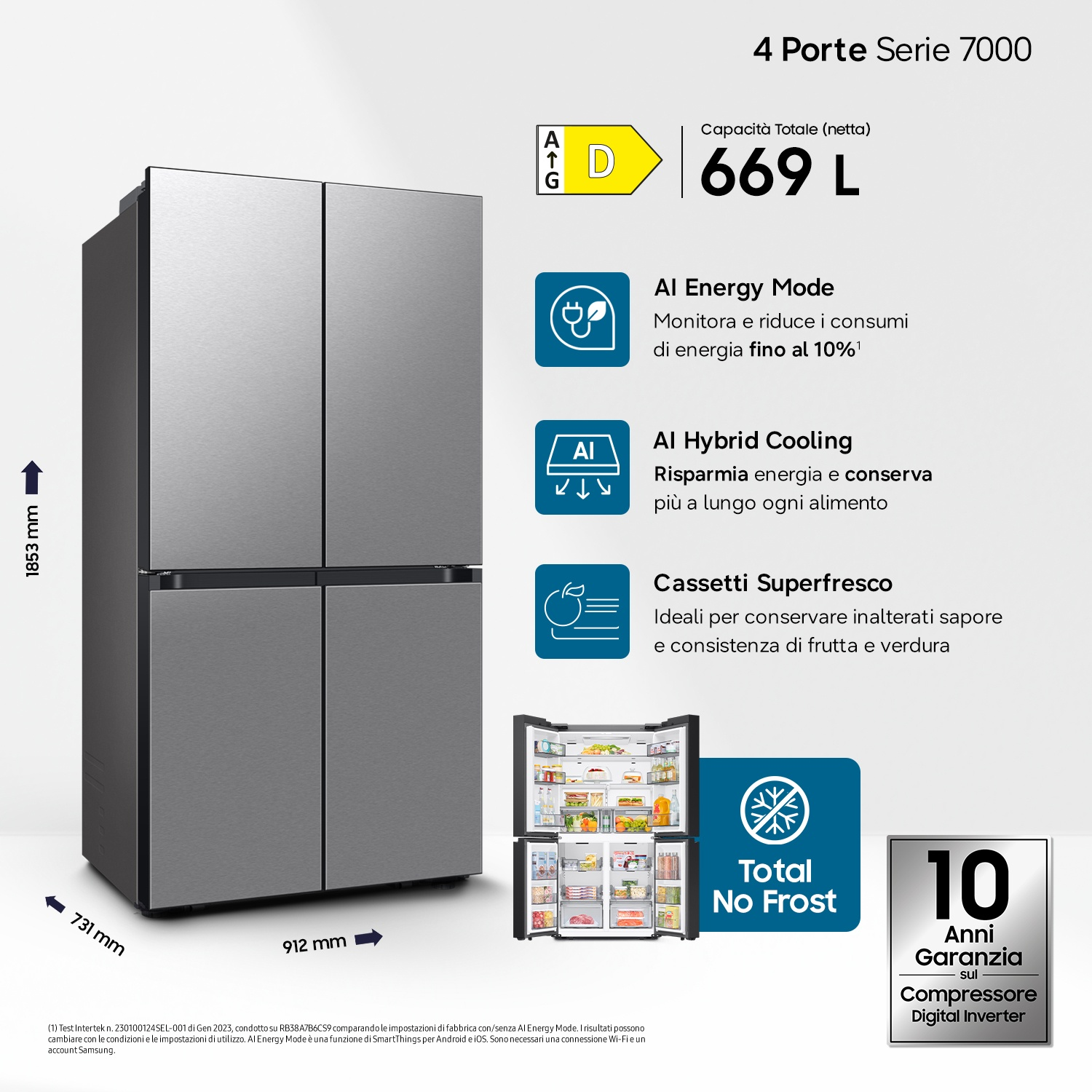 Frigorifero grigio 4 porte, classe D, 669L, con AI Energy Mode e Total No Frost.