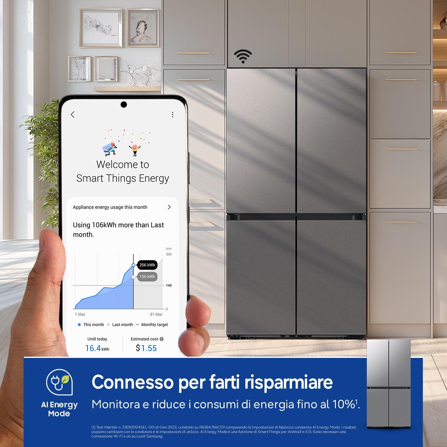 Uno smartphone mostra l'app Smart Things Energy con grafico consumi accanto a un frigorifero.