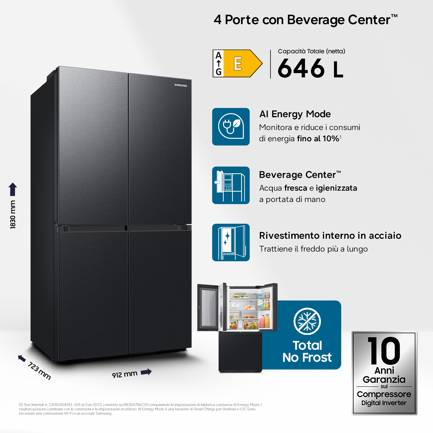 Frigorifero nero 4 porte con Beverage Center, 646L, classe A, No Frost.