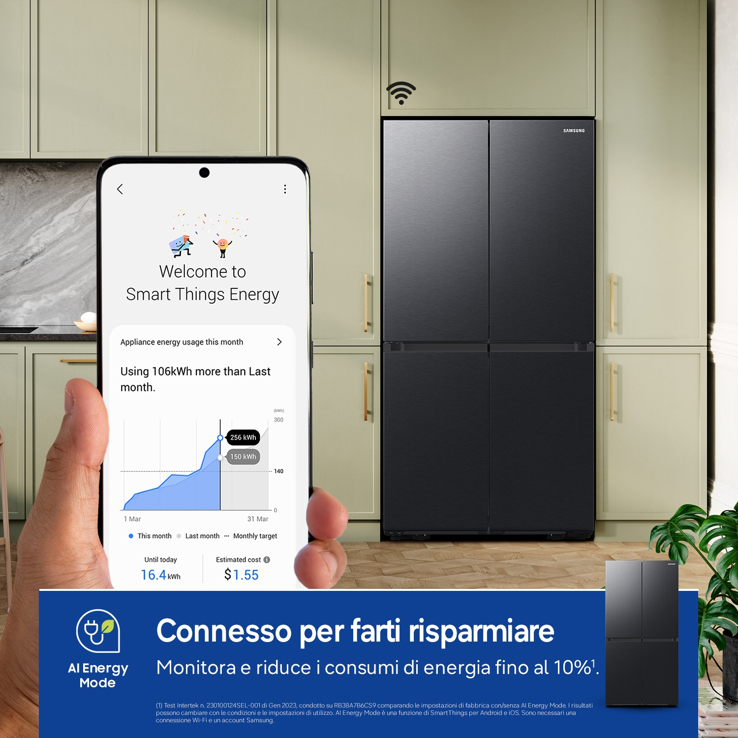 Uno smartphone mostra l'app Smart Things Energy. Un frigorifero nero è accanto.