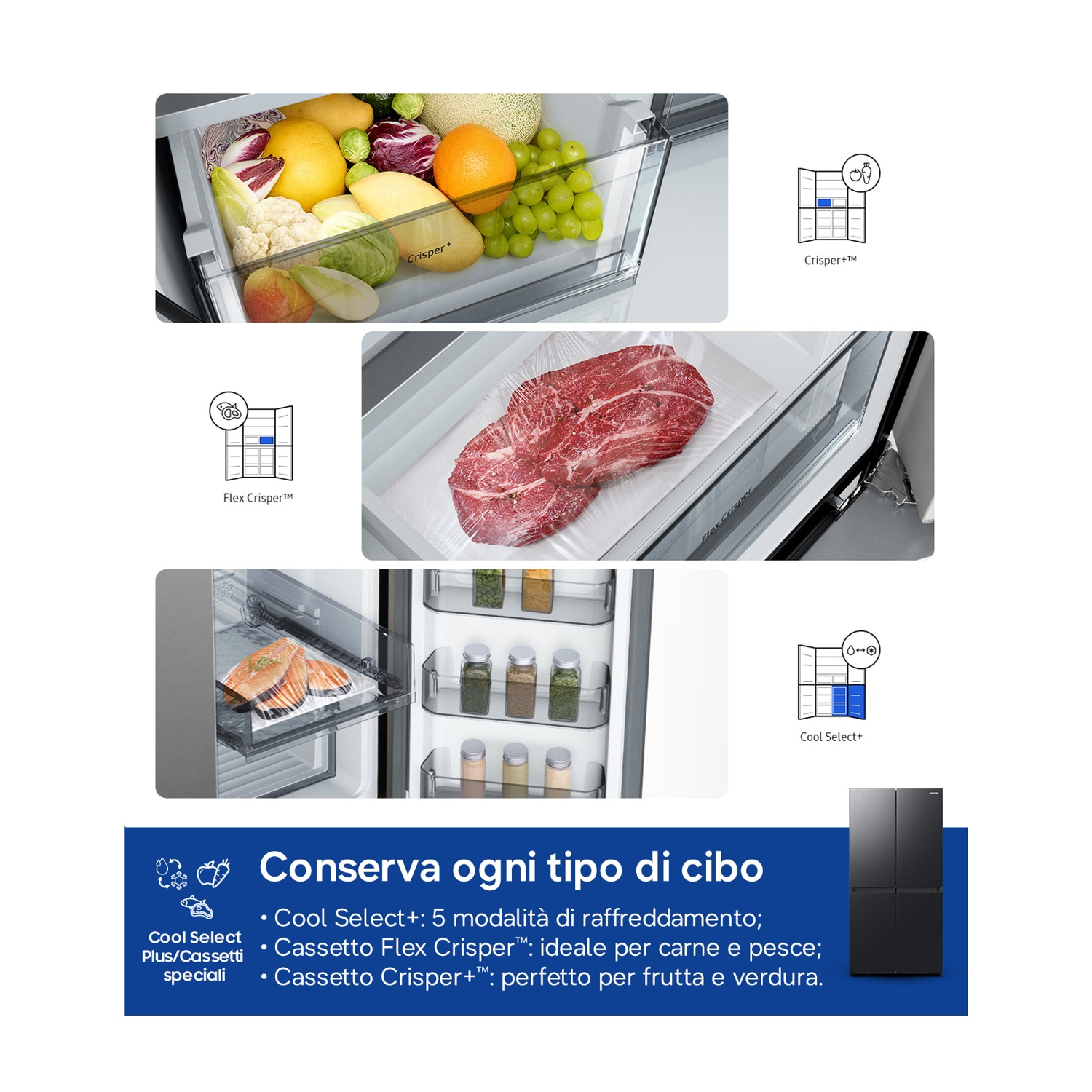 Cassetti del frigorifero con frutta, verdura, carne cruda e pesce.