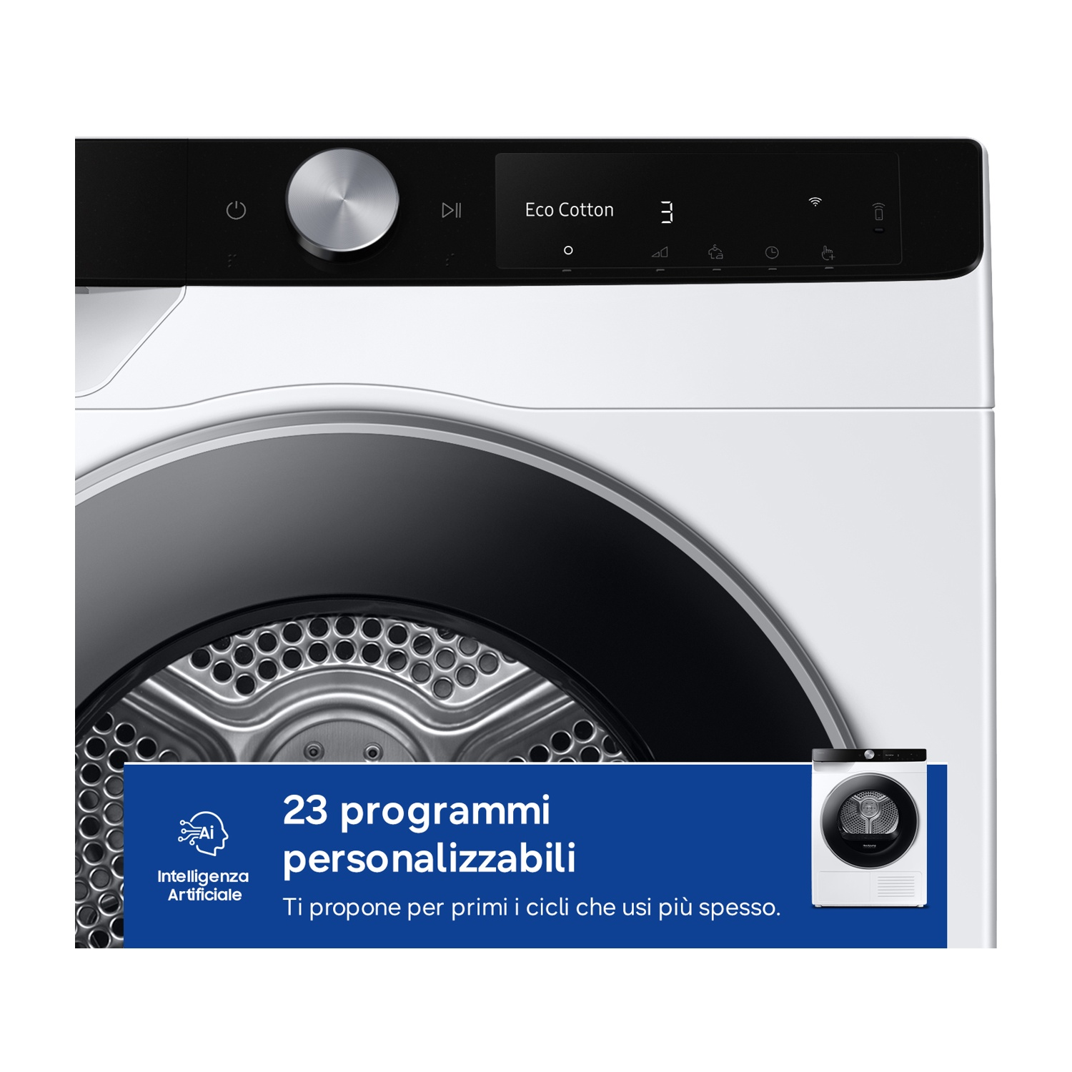 Lavatrice bianca con pannello digitale e nota su 23 programmi personalizzabili.