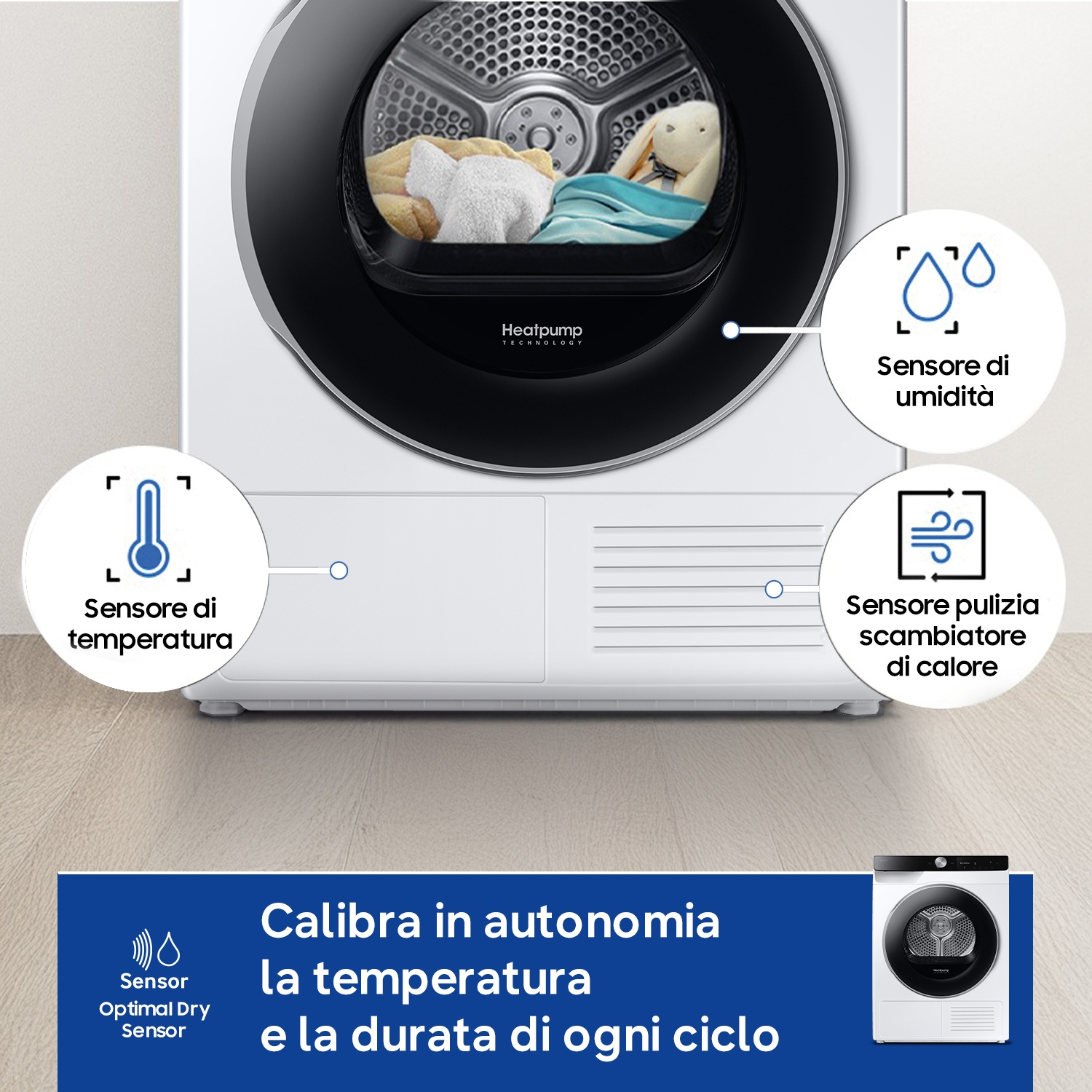 Asciugatrice con sensori per temperatura, umidità e pulizia scambiatore.