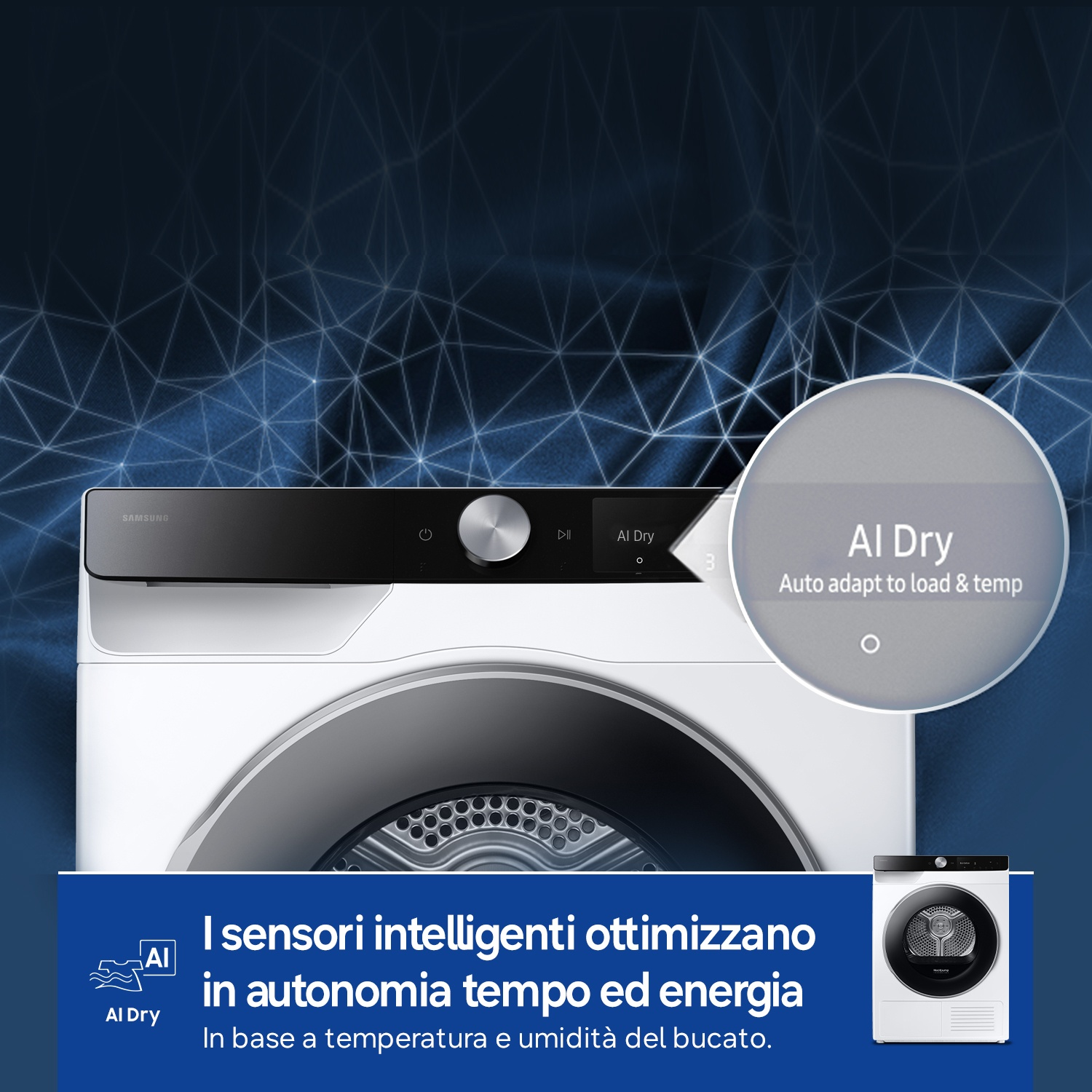 Asciugatrice Samsung bianca con funzione AI Dry, si adatta a carico e temperatura.