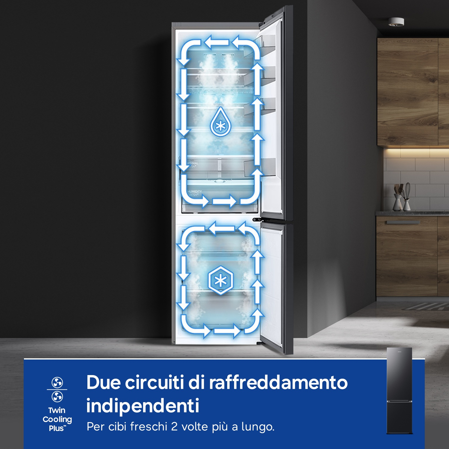 Un frigorifero aperto con diagramma del sistema di raffreddamento.