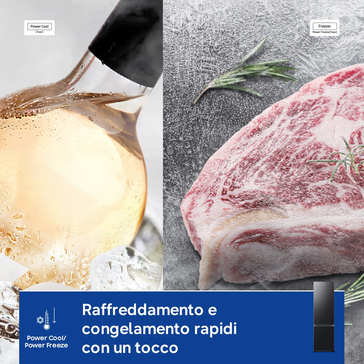 Bevanda con ghiaccio e carne cruda con rosmarino, funzioni frigorifero.