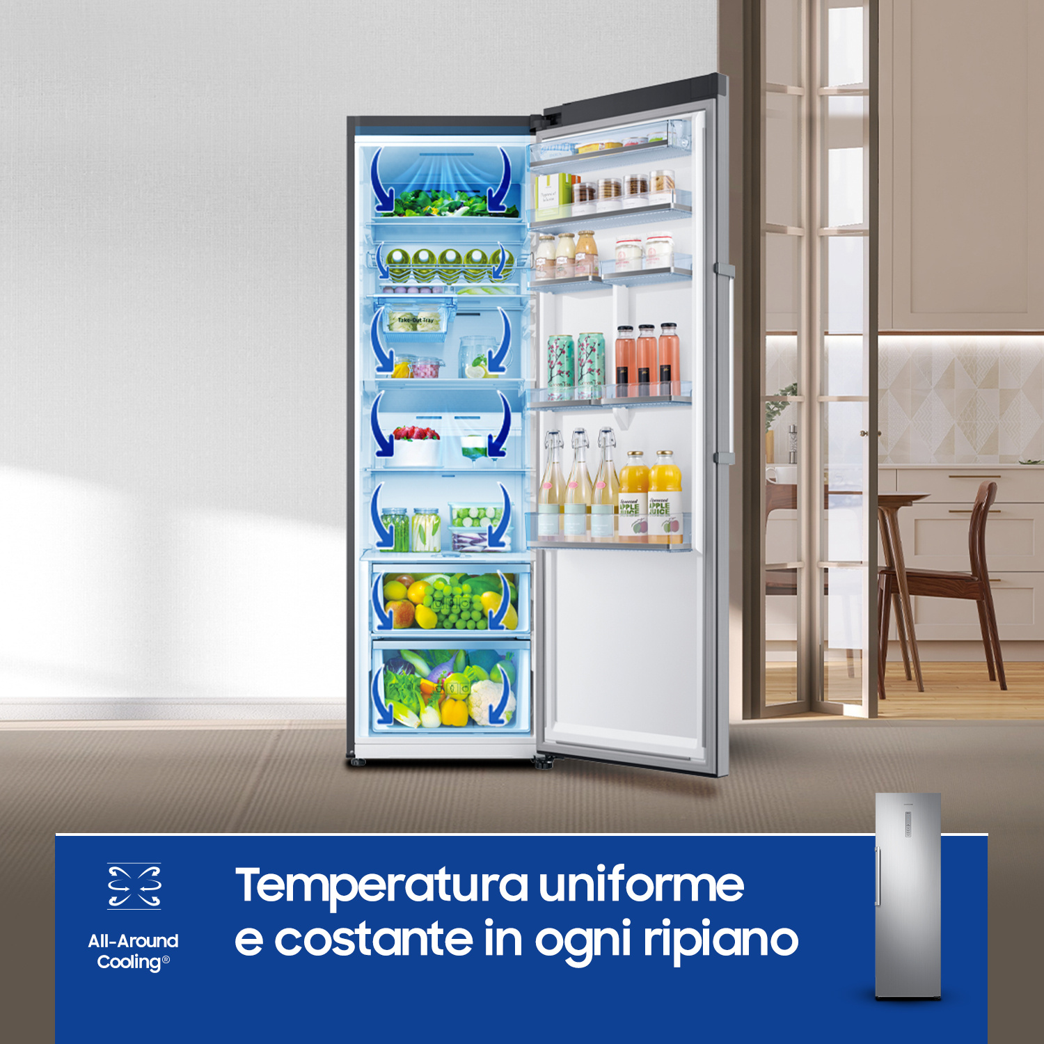 Frigorifero aperto pieno di cibo, accanto a uno chiuso. Sfondo cucina.