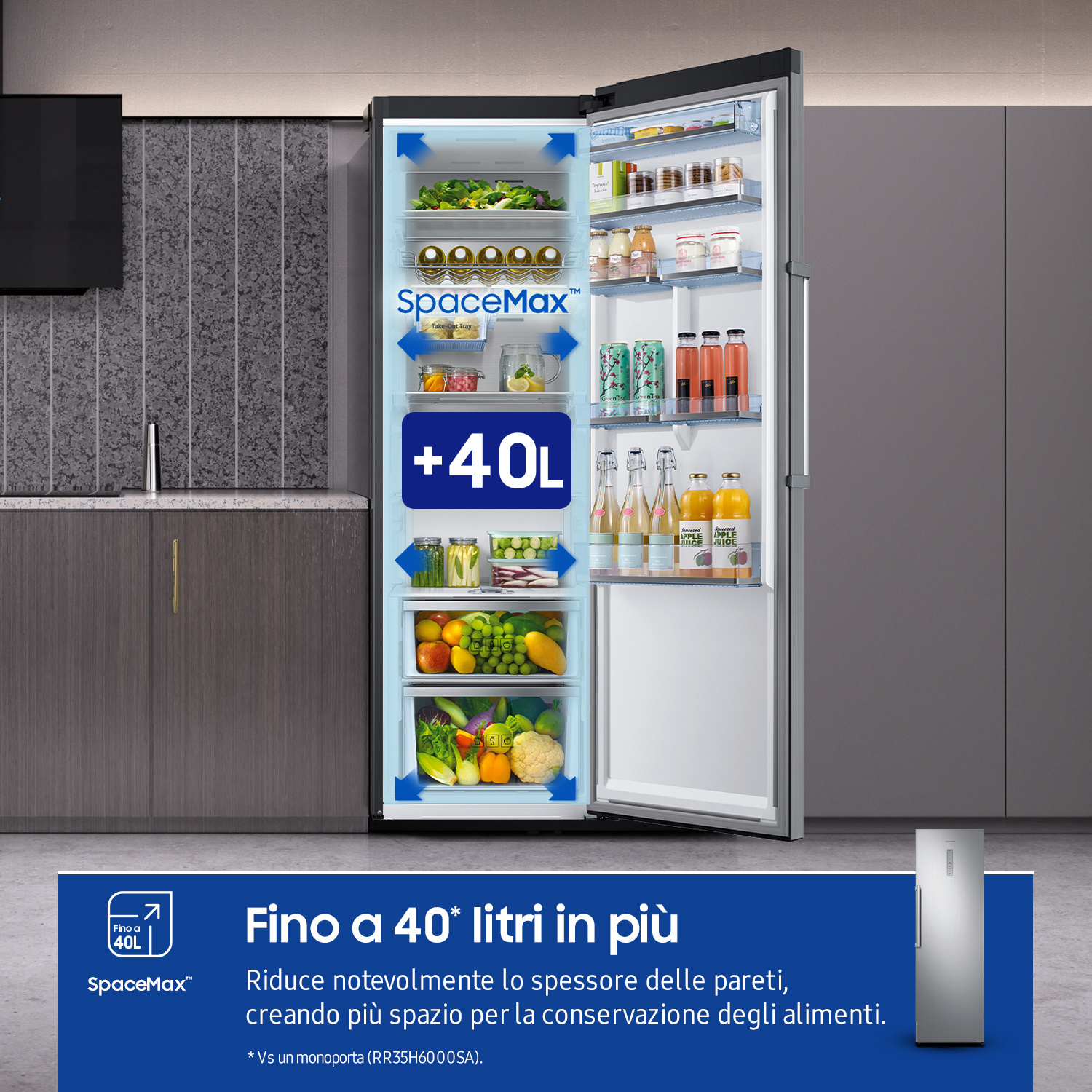 Un frigorifero aperto pieno di cibo, con testo '+40L SpaceMax'.