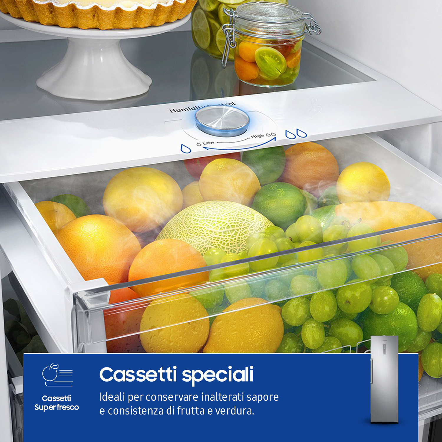 Cassetto frigorifero con frutta e verdura, controllo umidità e testo.