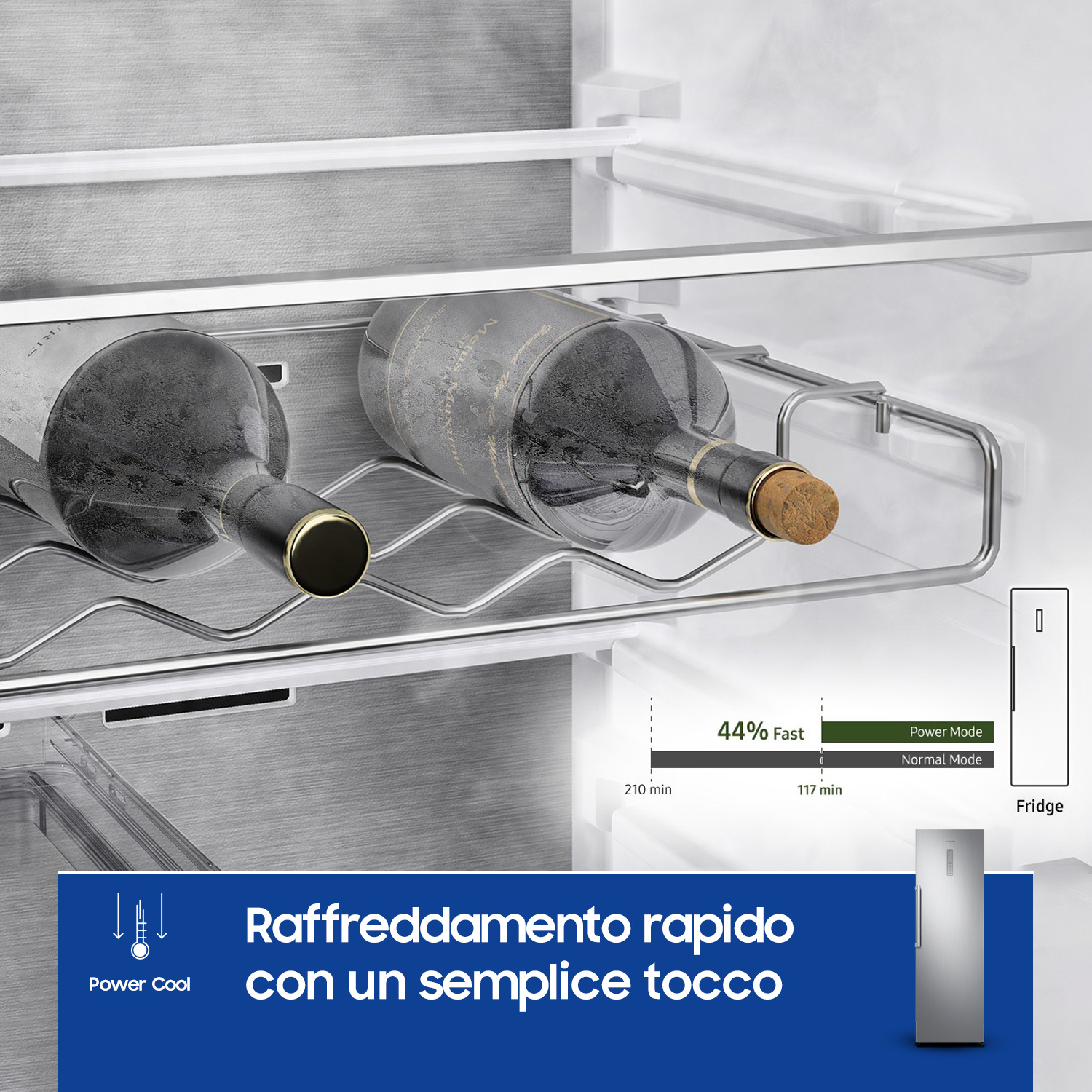 Due bottiglie di vino in un ripiano del frigorifero. Un diagramma mostra le modalità di raffreddamento.