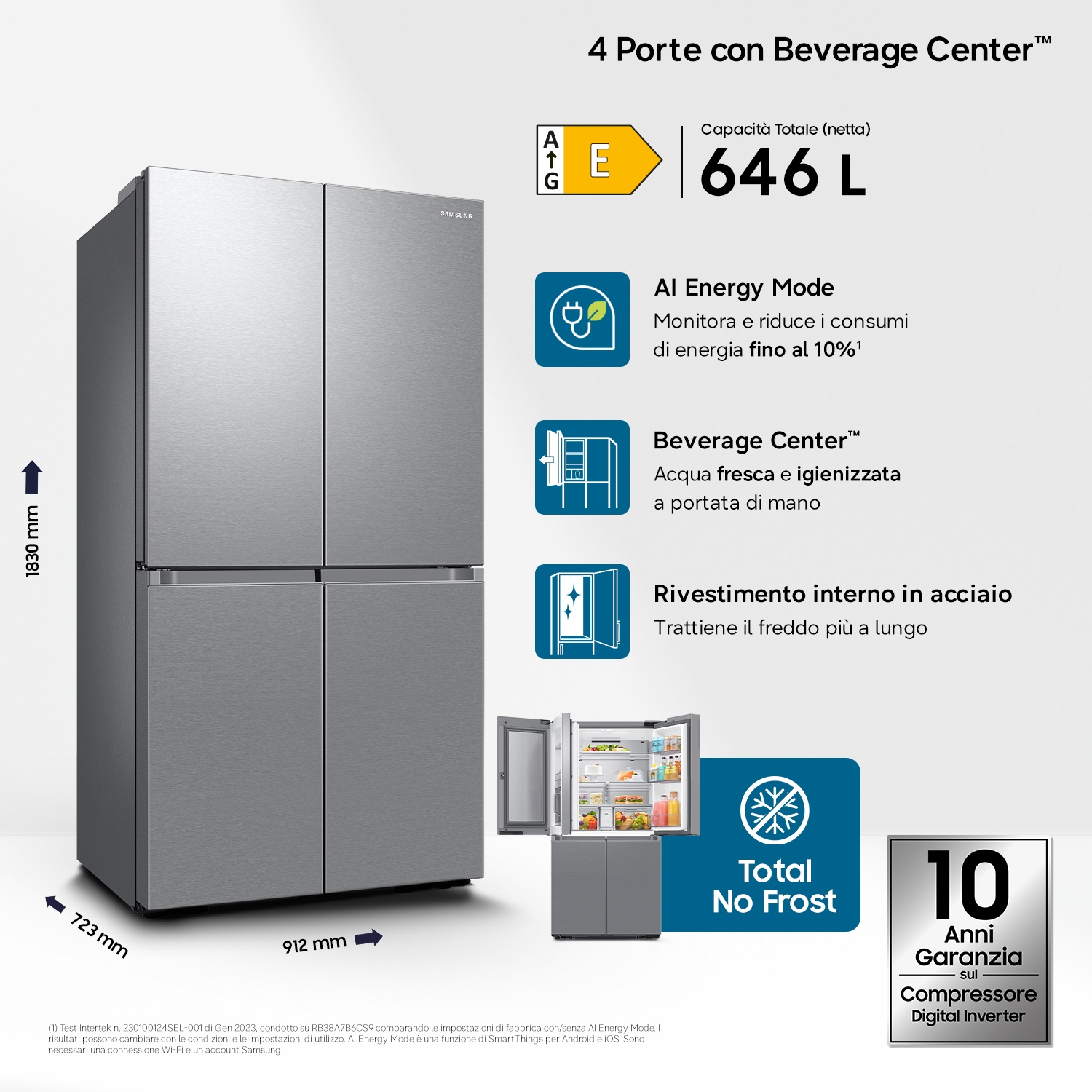 Frigorifero Samsung argento 4 porte con Beverage Center. Classe energetica E.
