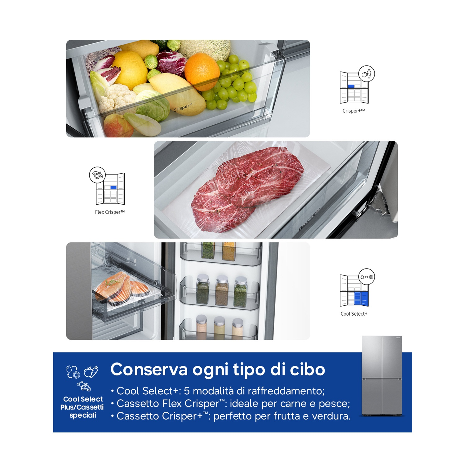 Frigorifero con vari scomparti per frutta, verdura, carne e pesce.