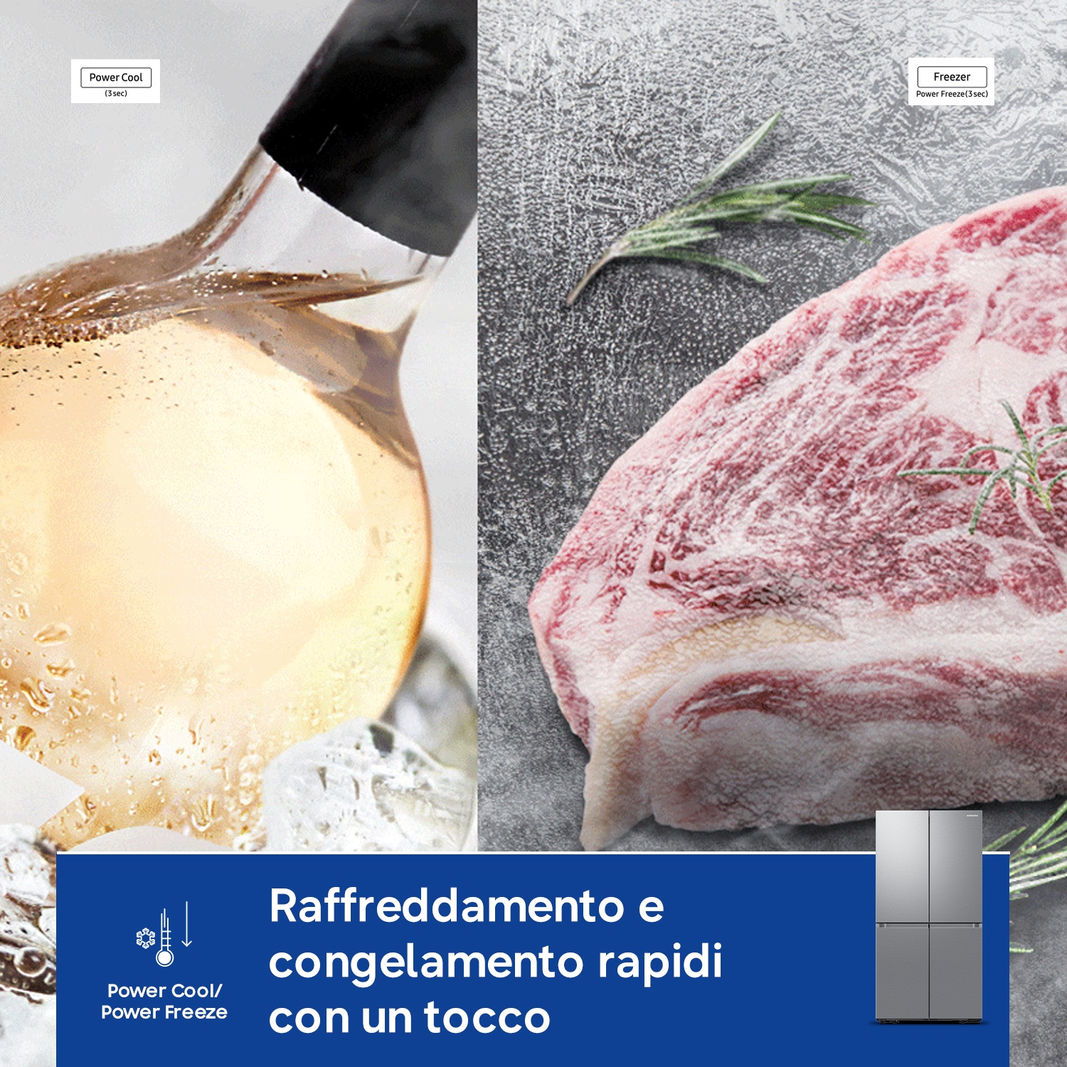 Immagine mostra bevanda, carne cruda e frigorifero con testo.