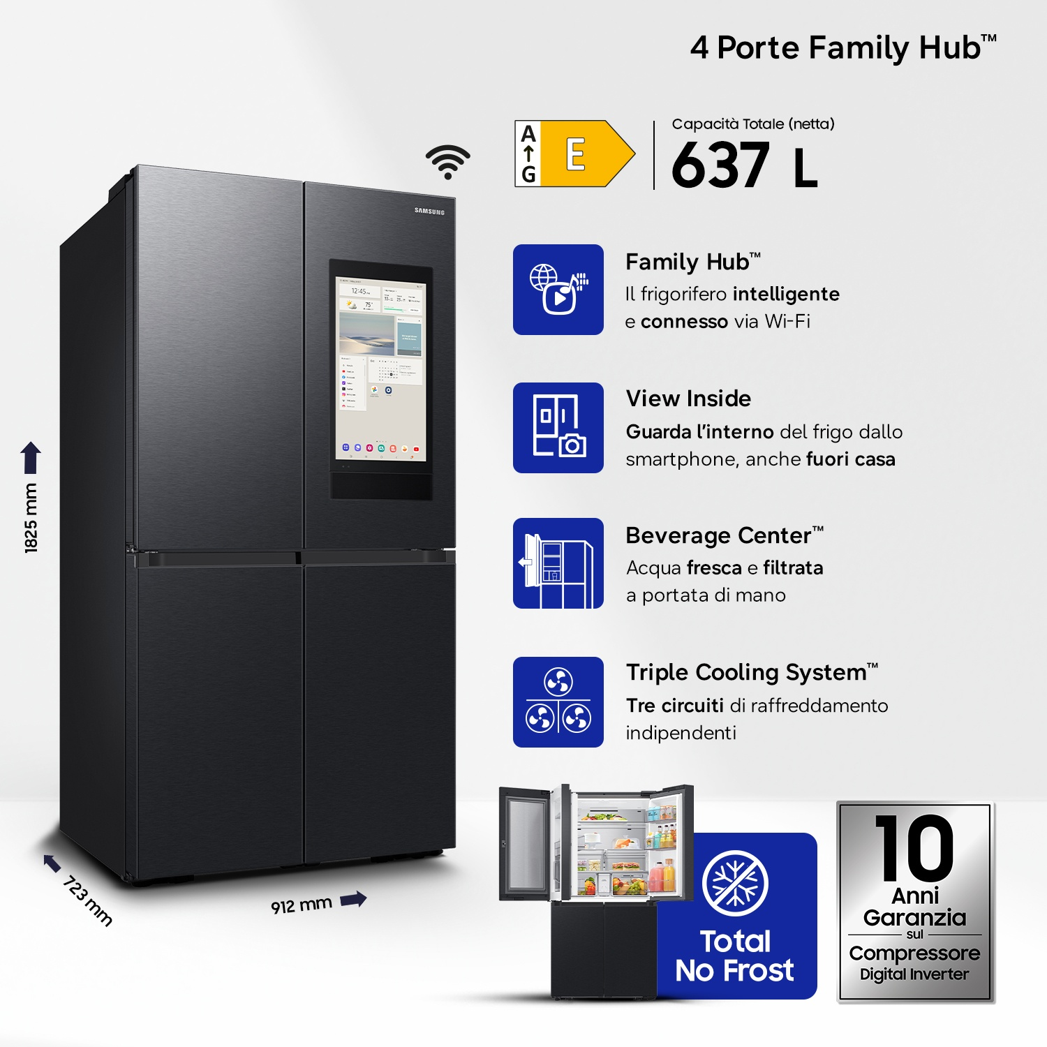 Frigorifero Samsung nero 4 porte con touchscreen, capacità 637L, Triple Cooling.