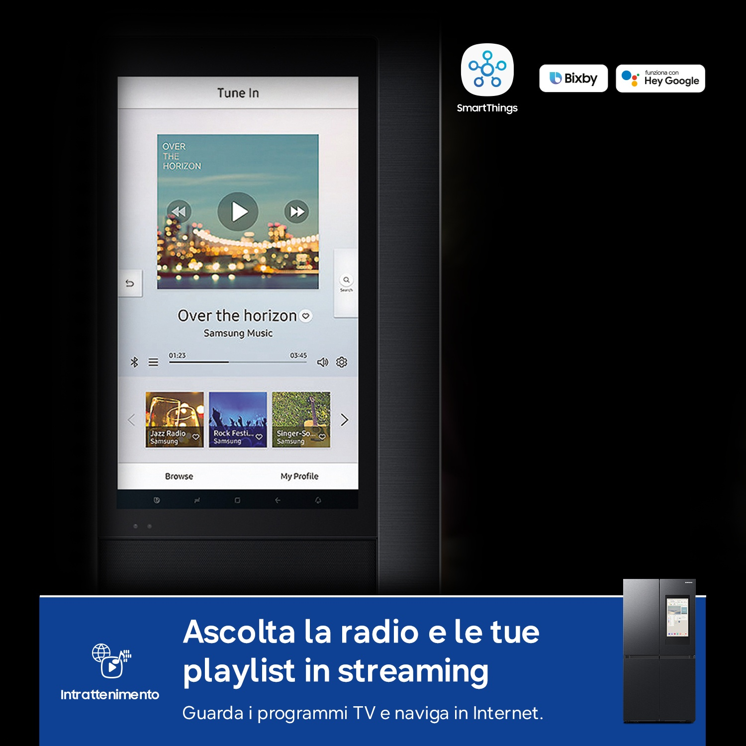 Schermo Samsung mostra app musicale con copertina e controlli. Loghi SmartThings, Bixby, Hey Google.