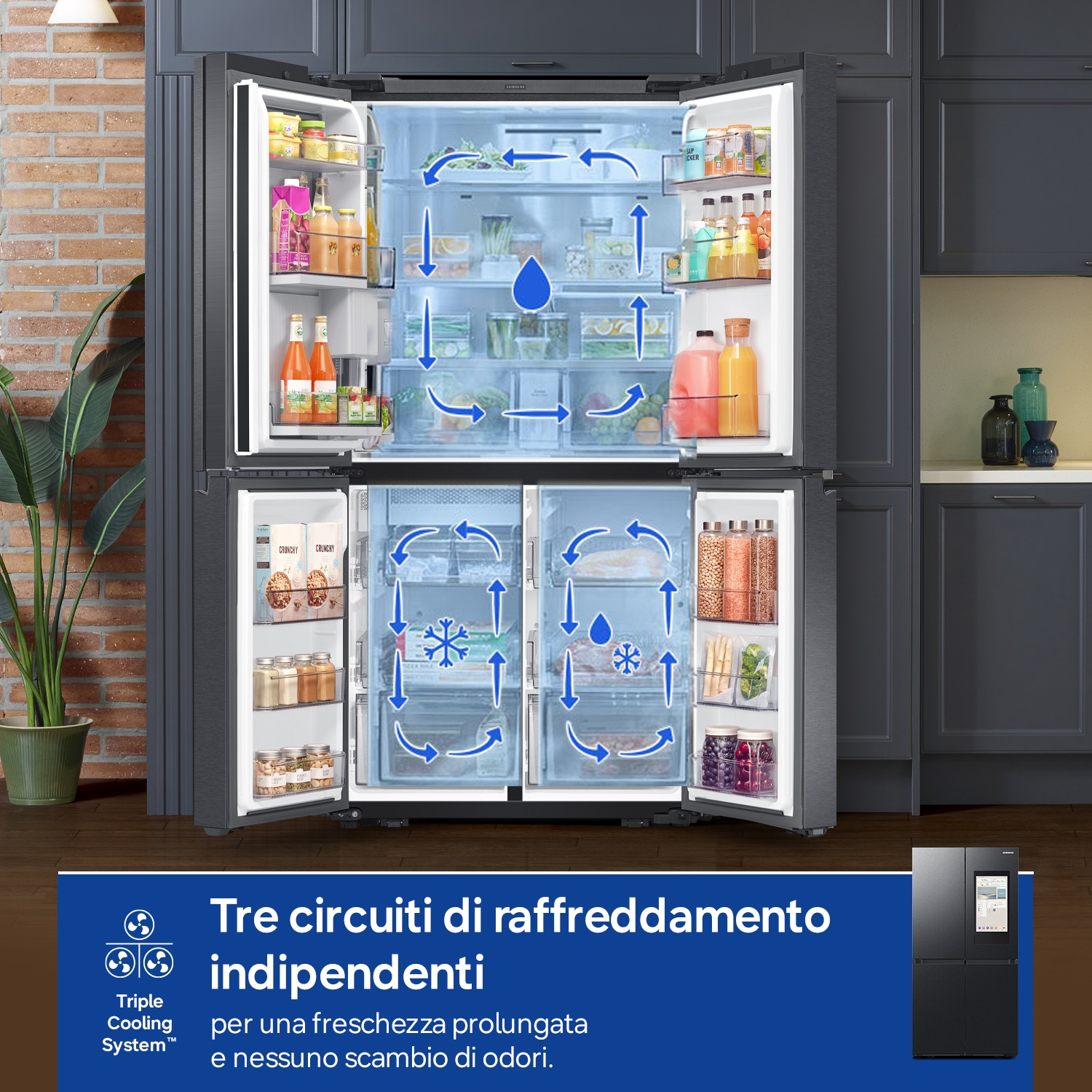 Un moderno frigorifero nero con porte aperte, che mostra i circuiti di raffreddamento.