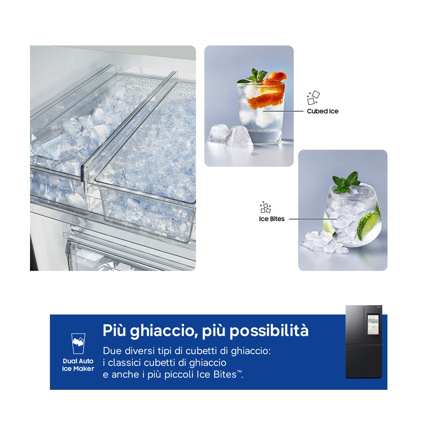 Frigorifero con ice maker mostra diversi tipi di ghiaccio e bevande.