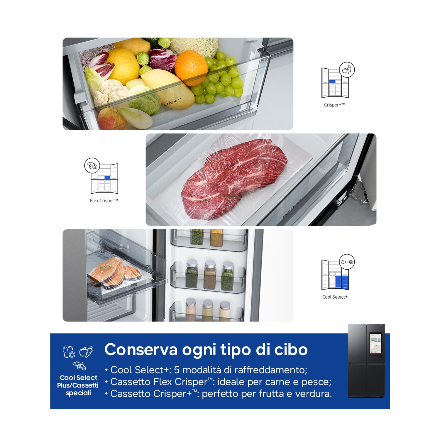 Frigorifero con vari scomparti per frutta, verdura, carne e pesce.