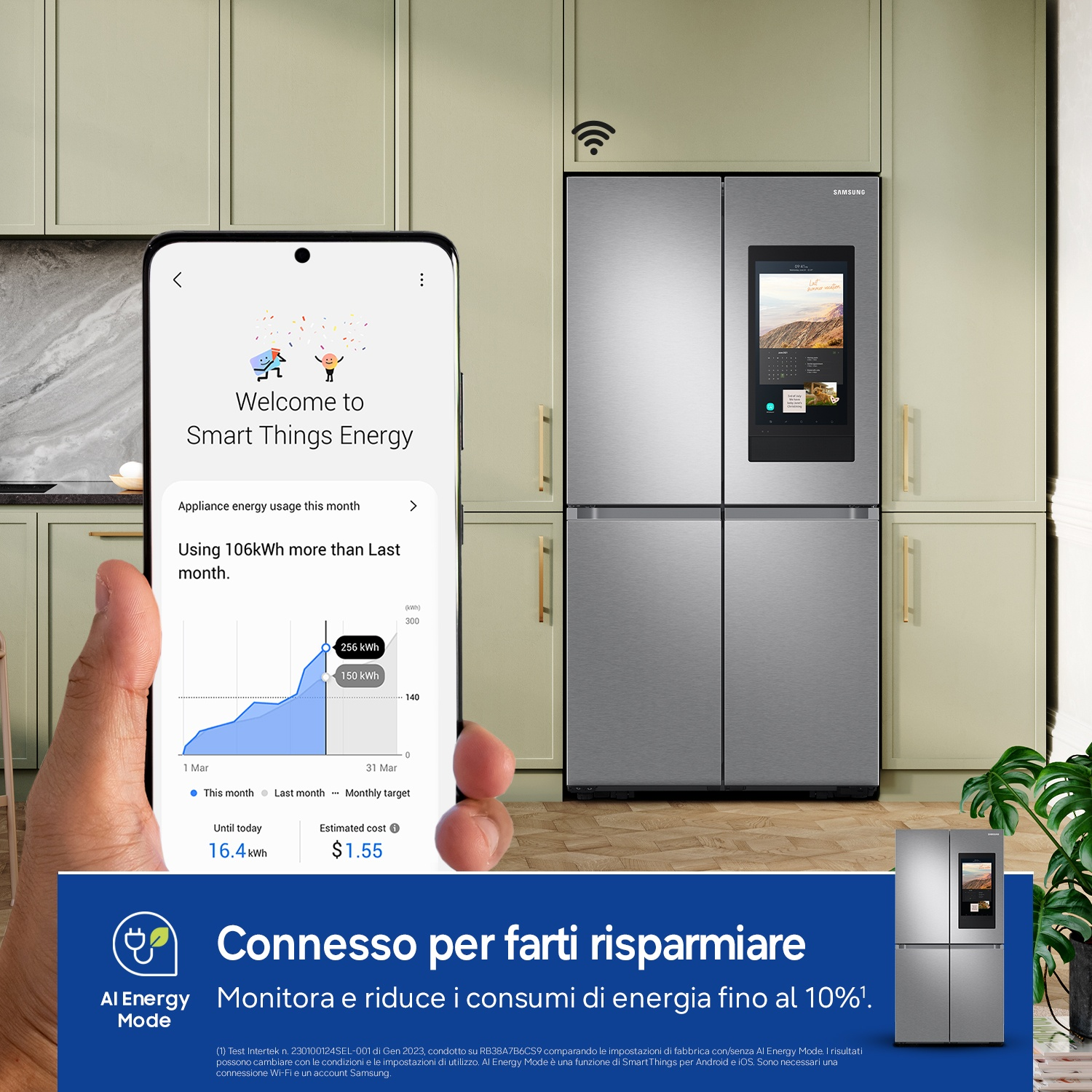 Uno smartphone mostra l'app Smart Things Energy accanto a un frigorifero Samsung con touchscreen.