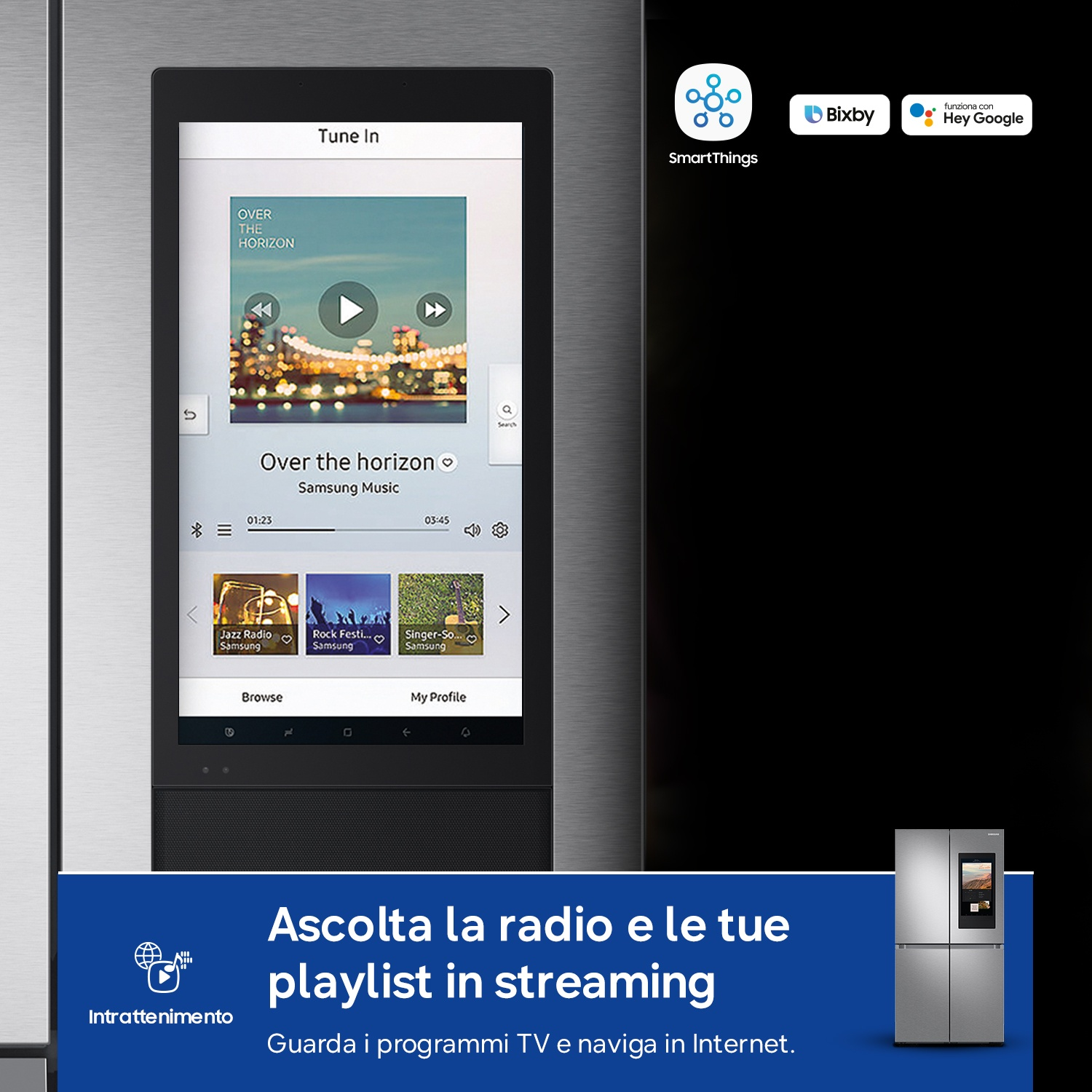 Un touchscreen del frigorifero mostra musica e app come Bixby e Google.