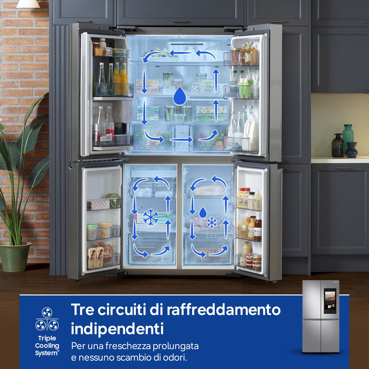 Un frigorifero aperto con animazioni di circolazione e testo.