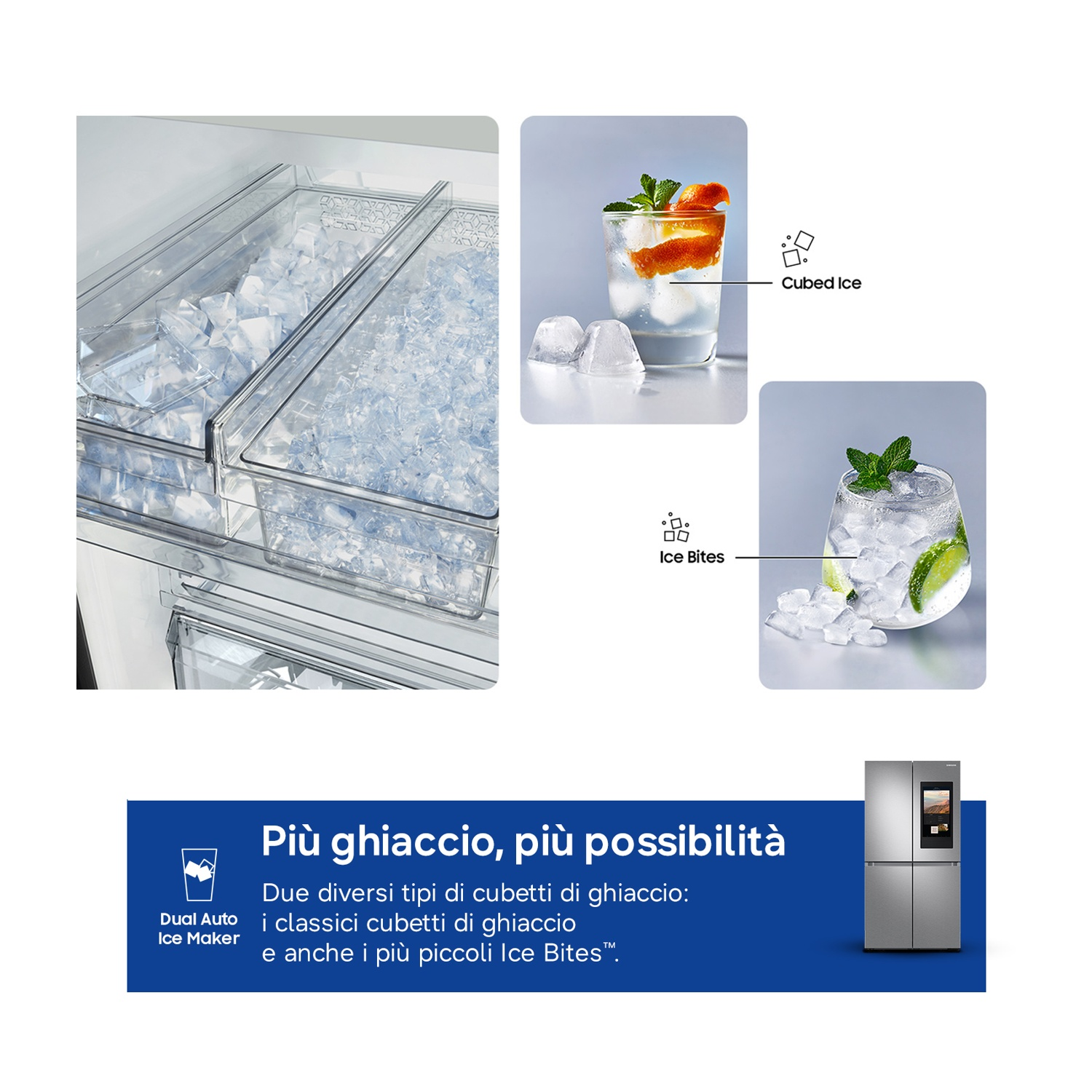 Frigorifero con cassetti doppi per il ghiaccio e bevande con ghiaccio.