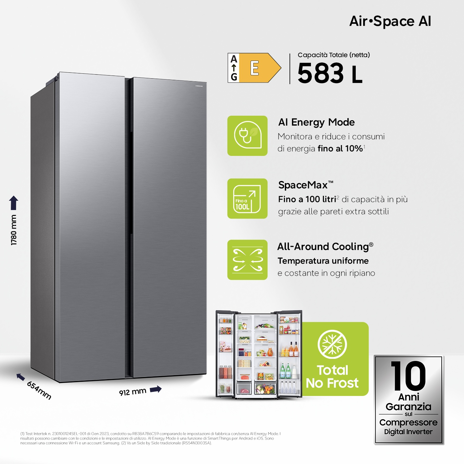 Un frigorifero Samsung grigio a due porte, aperto, con dettagli interni ed efficienza energetica.