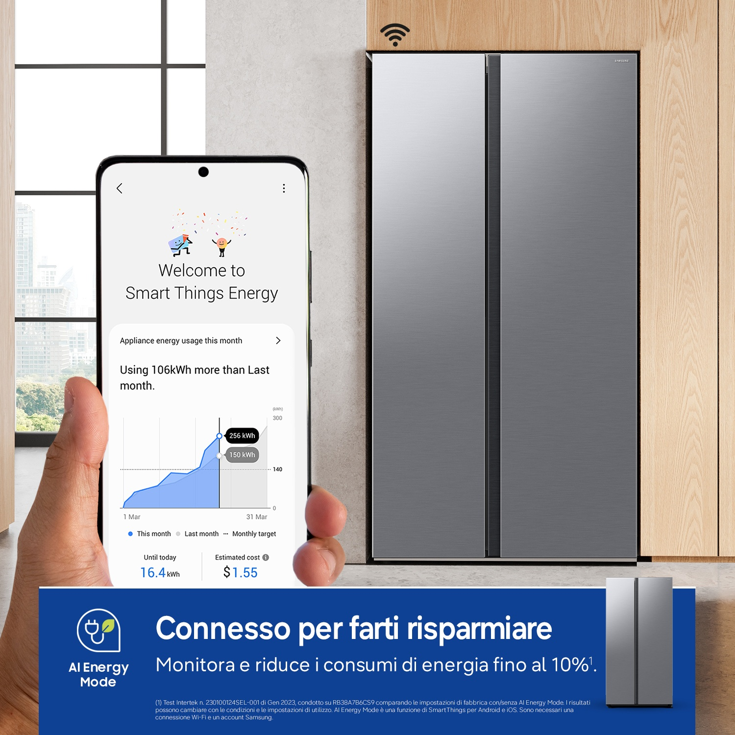 Uno smartphone mostra l'app Smart Things Energy con dati di consumo e un frigorifero.