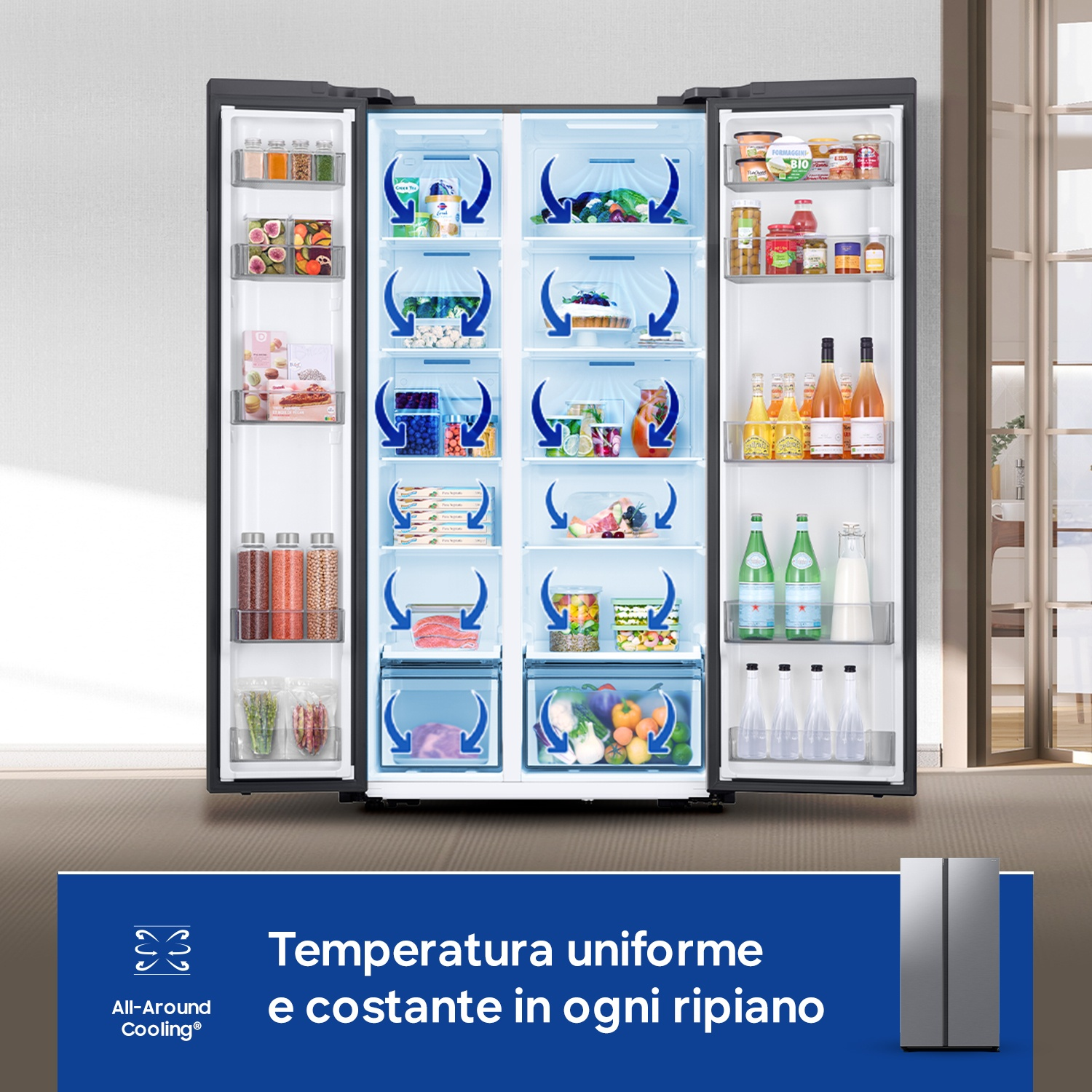 Un frigorifero aperto con cibo su più ripiani. Frecce blu indicano la circolazione dell'aria.