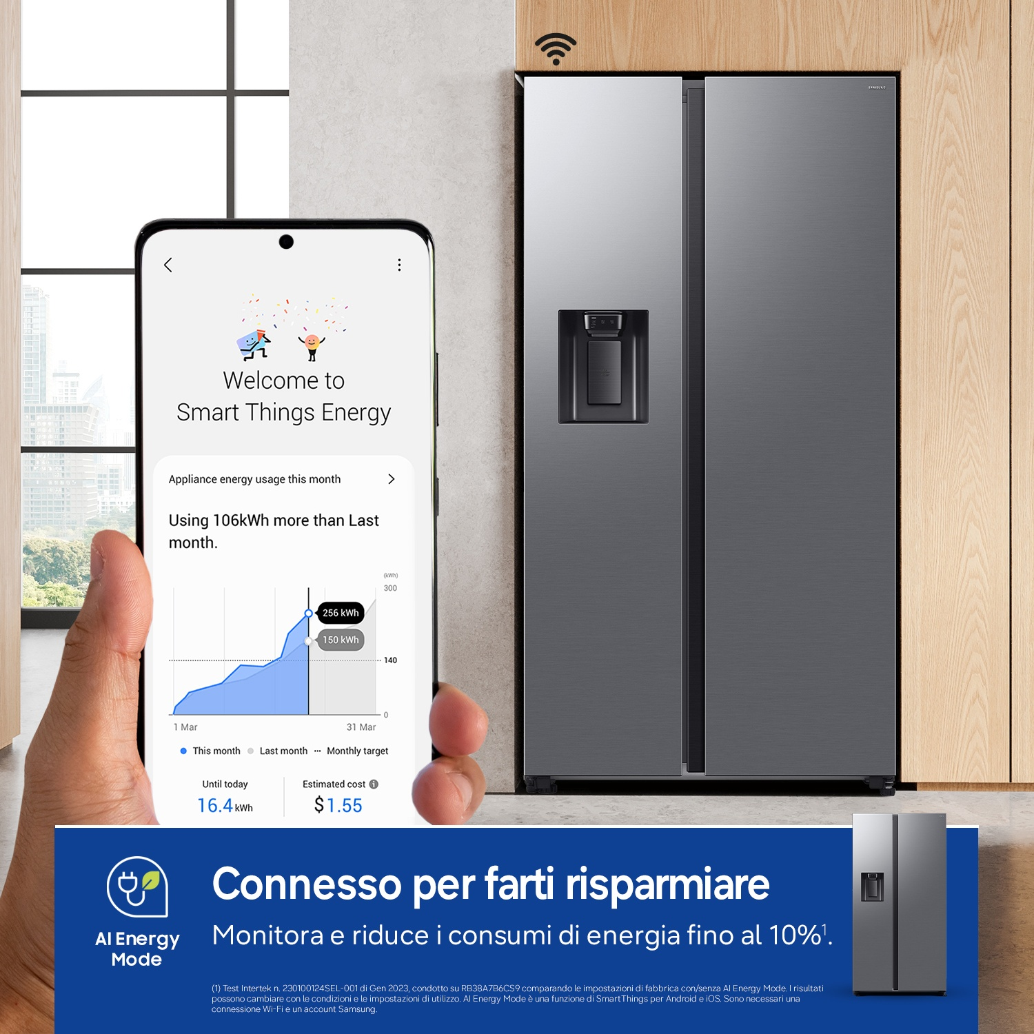 Uno smartphone mostra l'app Smart Things Energy con dati di utilizzo del frigorifero.