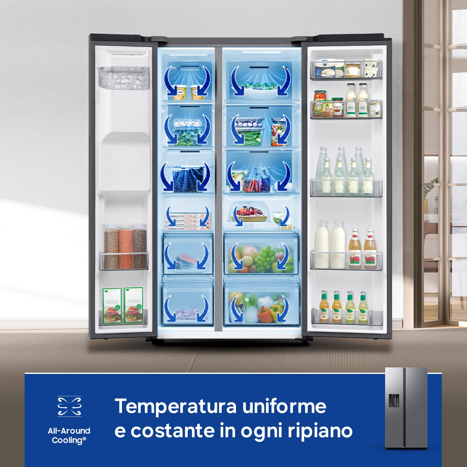 Un frigorifero aperto con più scomparti pieni di cibi e bevande.