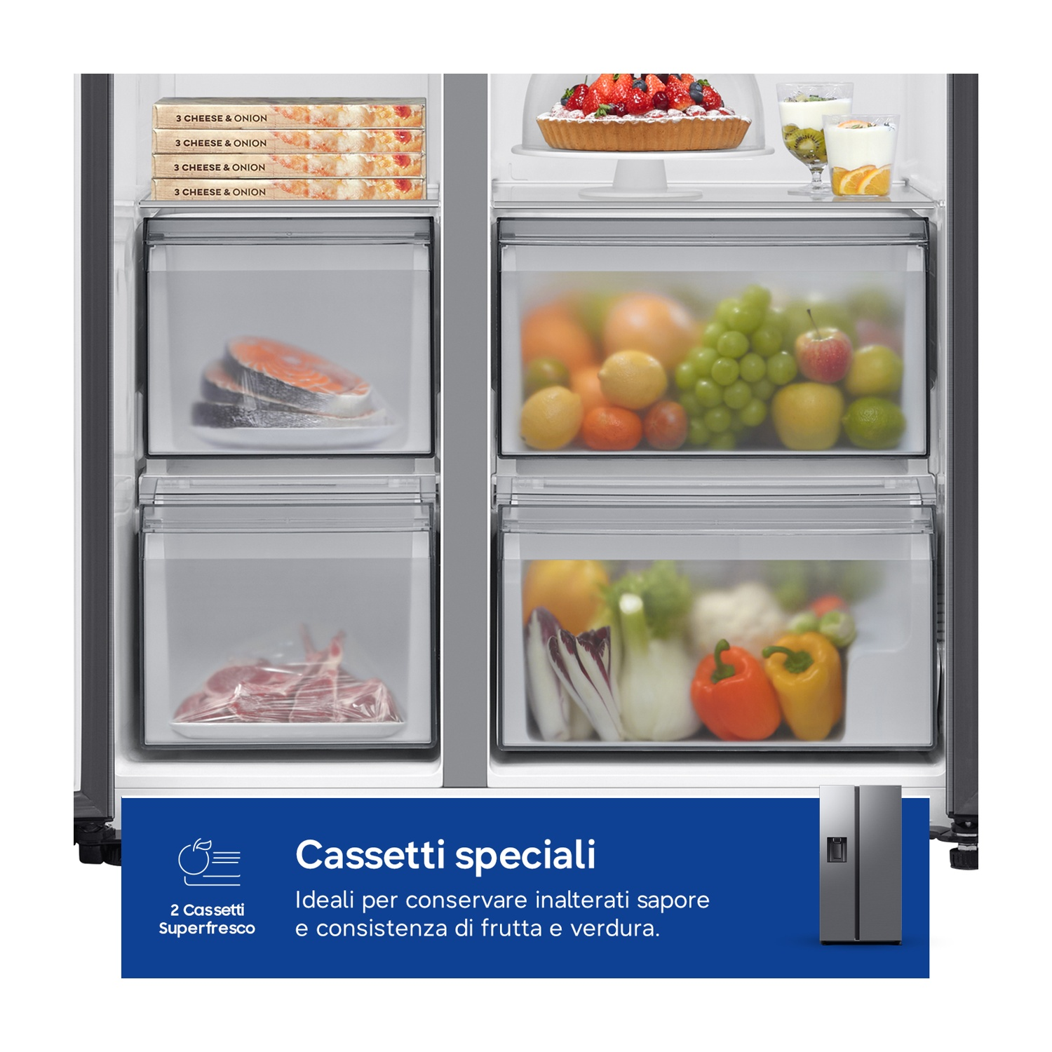 Frigorifero con cassetti pieni: pizza, salmone, carne, frutta e verdura.