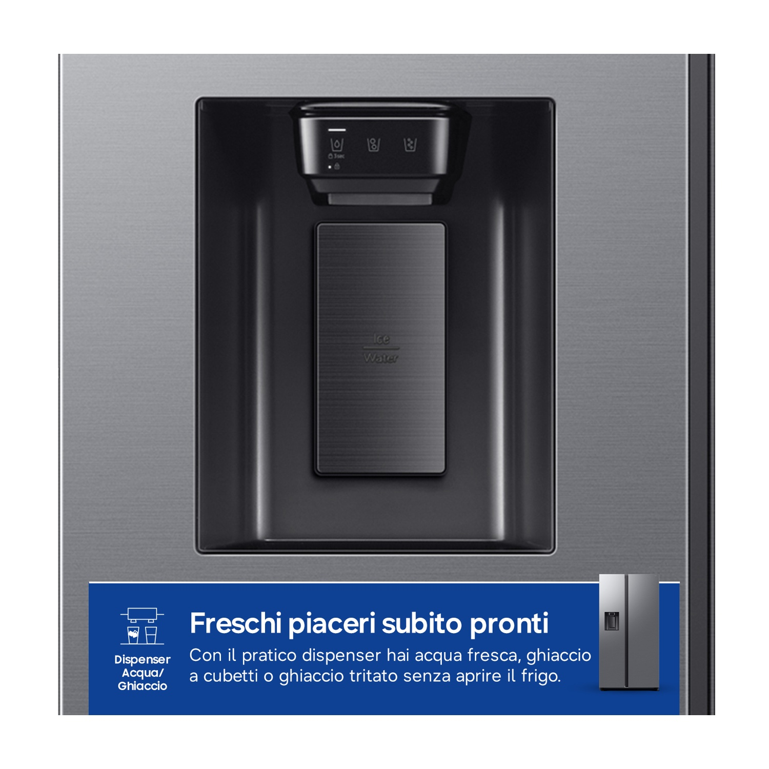 Porta del frigorifero con dispenser di acqua e ghiaccio.