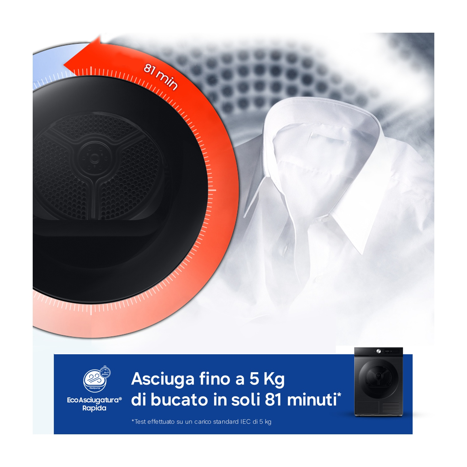 Un'asciugatrice nera asciuga 5 kg di bucato in 81 minuti.