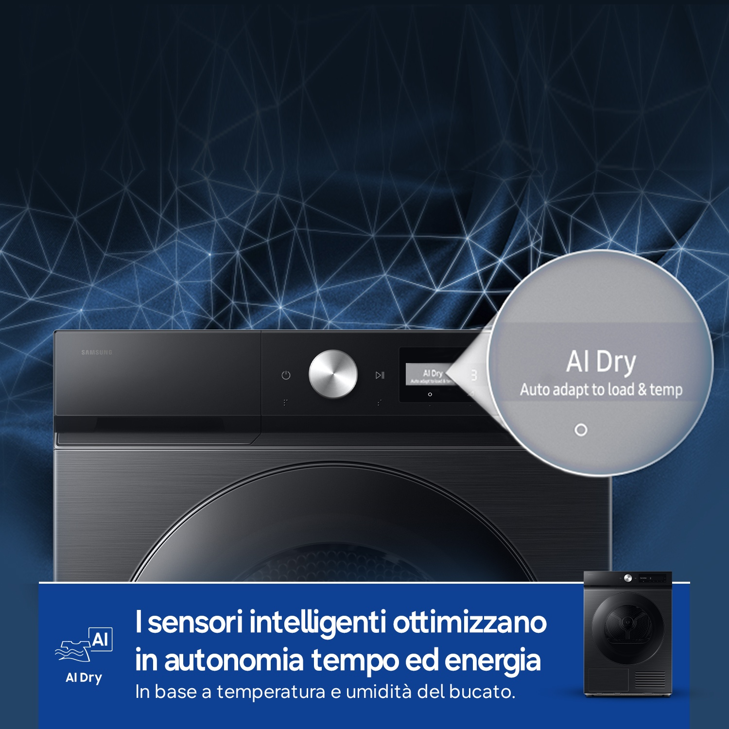 Asciugatrice Samsung nera con AI Dry, si adatta a carico e temperatura per un'asciugatura ottimale.