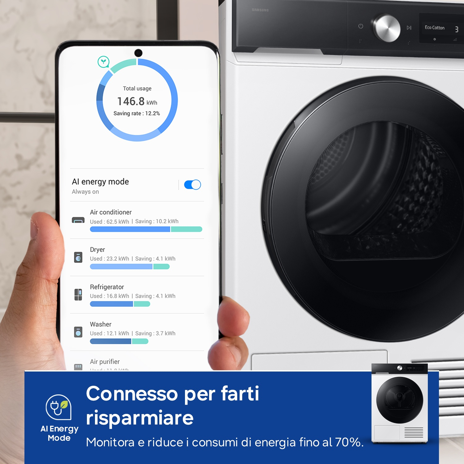 Un telefono mostra dati di consumo energetico accanto a una lavatrice bianca.