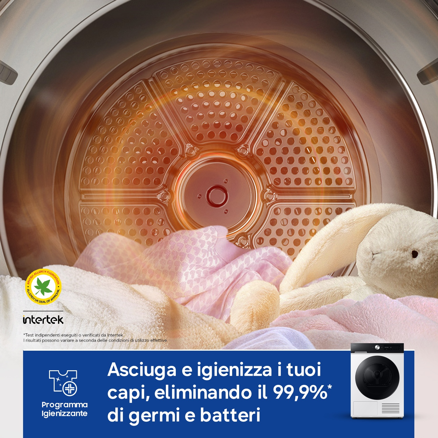 Una asciugatrice con vestiti e peluche, elimina il 99,9% dei germi.