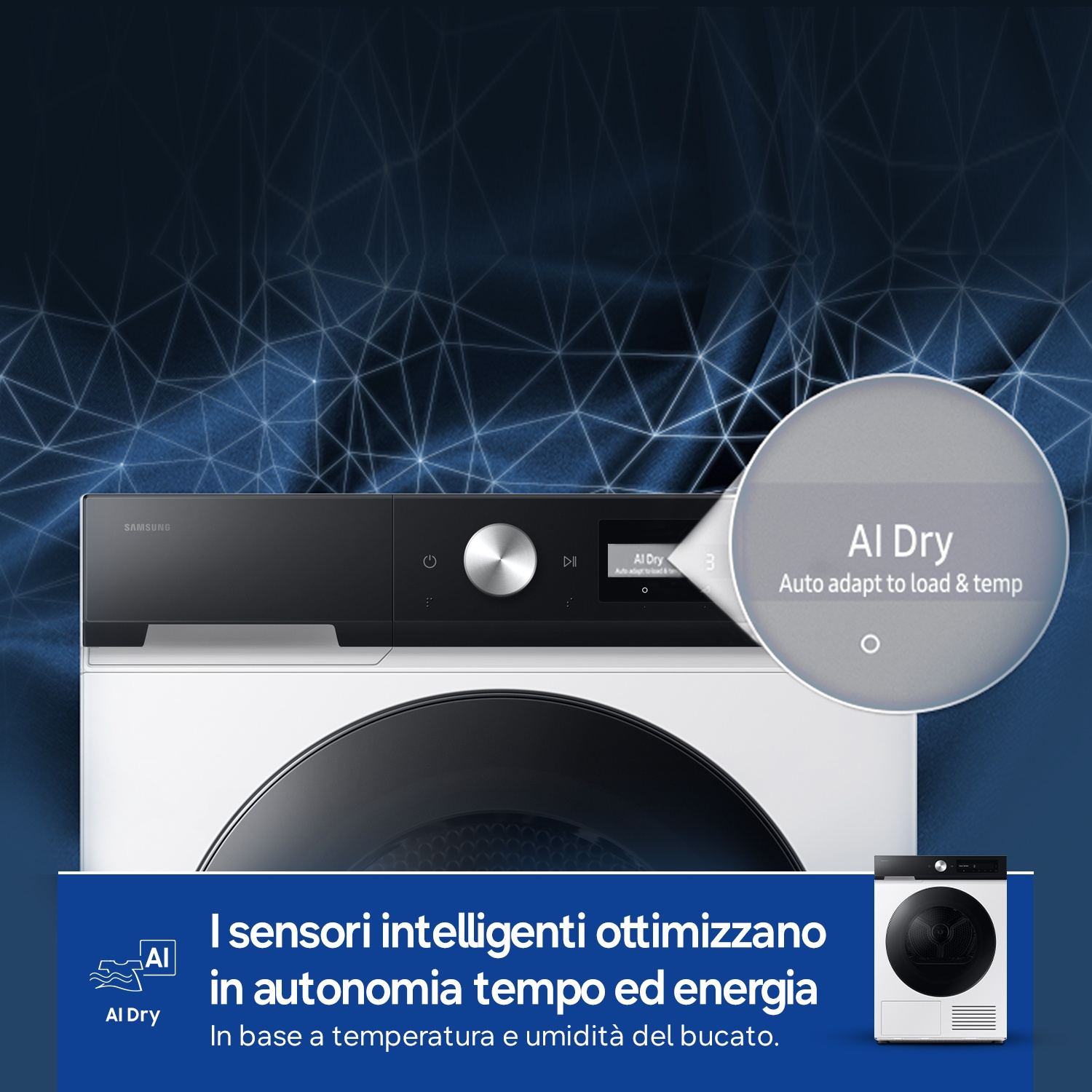 Lavatrice Samsung con funzione AI Dry. Si adatta automaticamente a carico e temperatura.