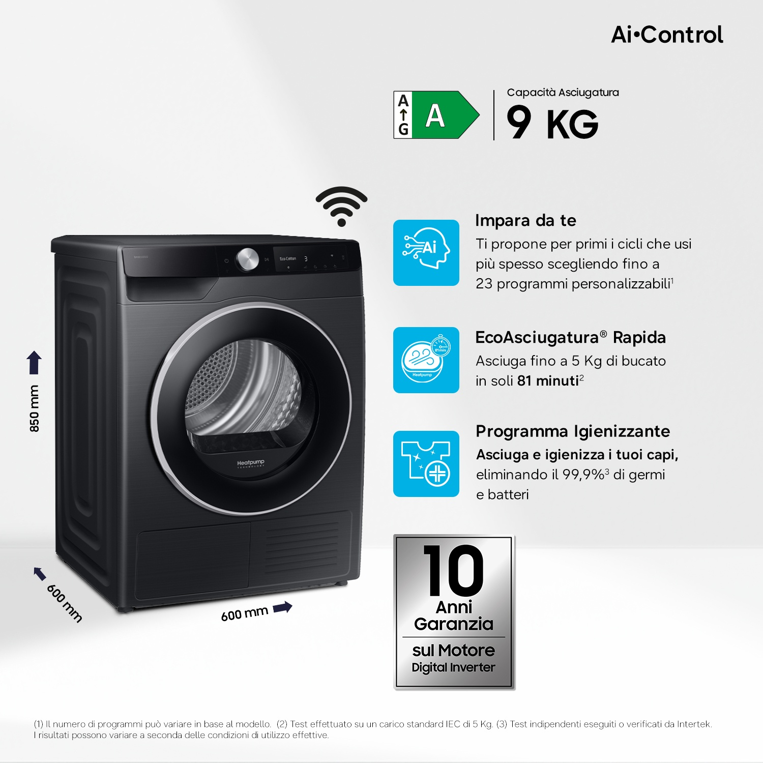 Asciugatrice nera 9 kg, 850x600x600mm, con AI Control e Wi-Fi.