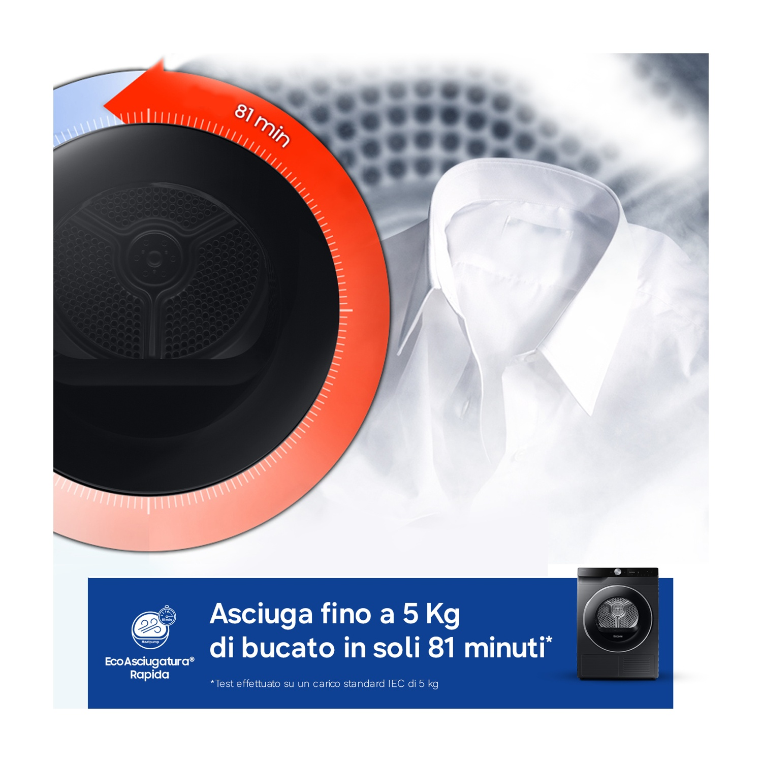 Asciugatrice nera asciuga 5kg in 81 min con timer rosso.
