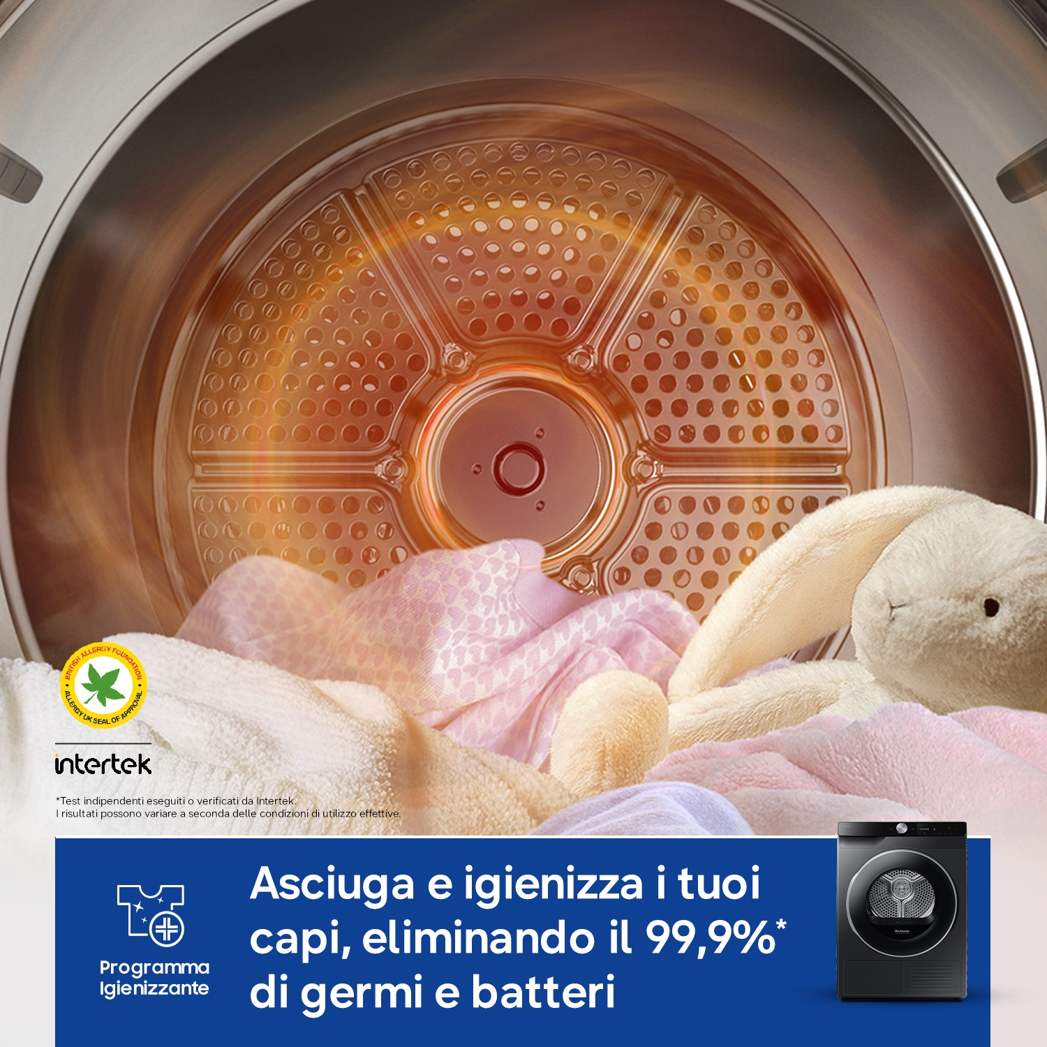 Asciugatrice con vestiti e un coniglietto; interno arancione.