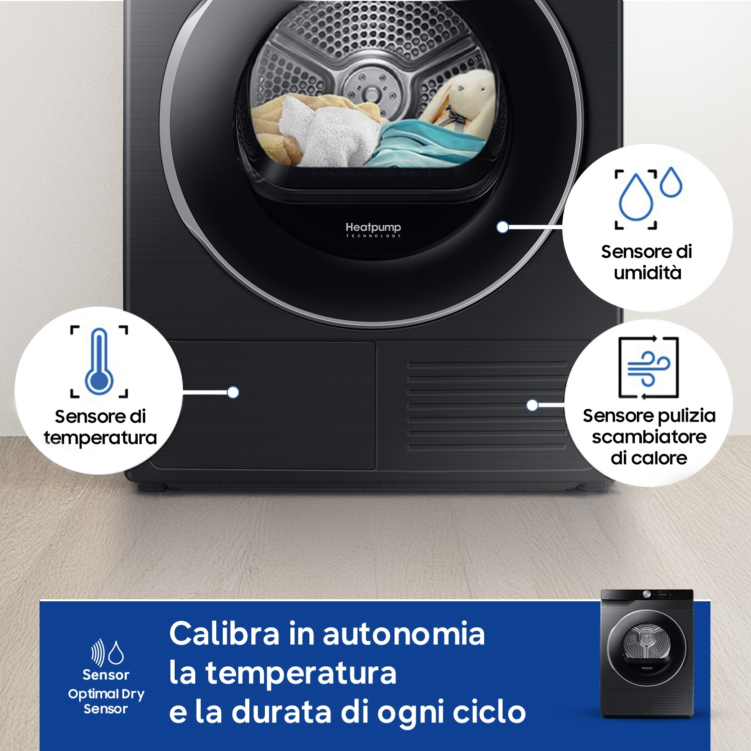 Un'asciugatrice nera con etichette per sensori di temperatura, umidità e scambiatore di calore.