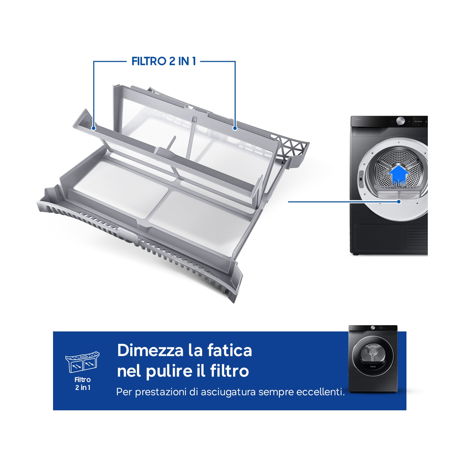 Un filtro dell'asciugatrice è mostrato accanto a una lavatrice.