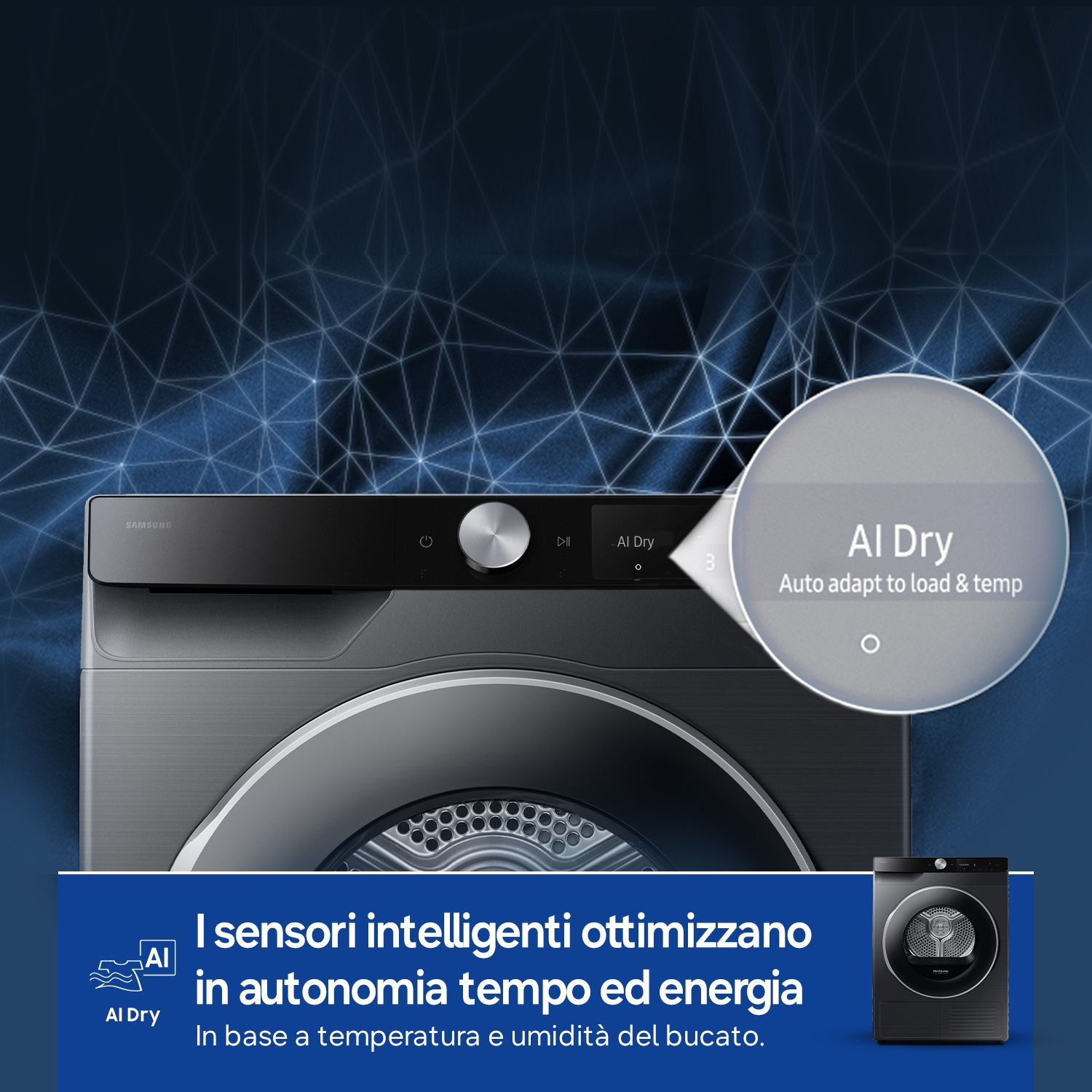 Asciugatrice Samsung con funzione AI Dry, si adatta a carico e temperatura.