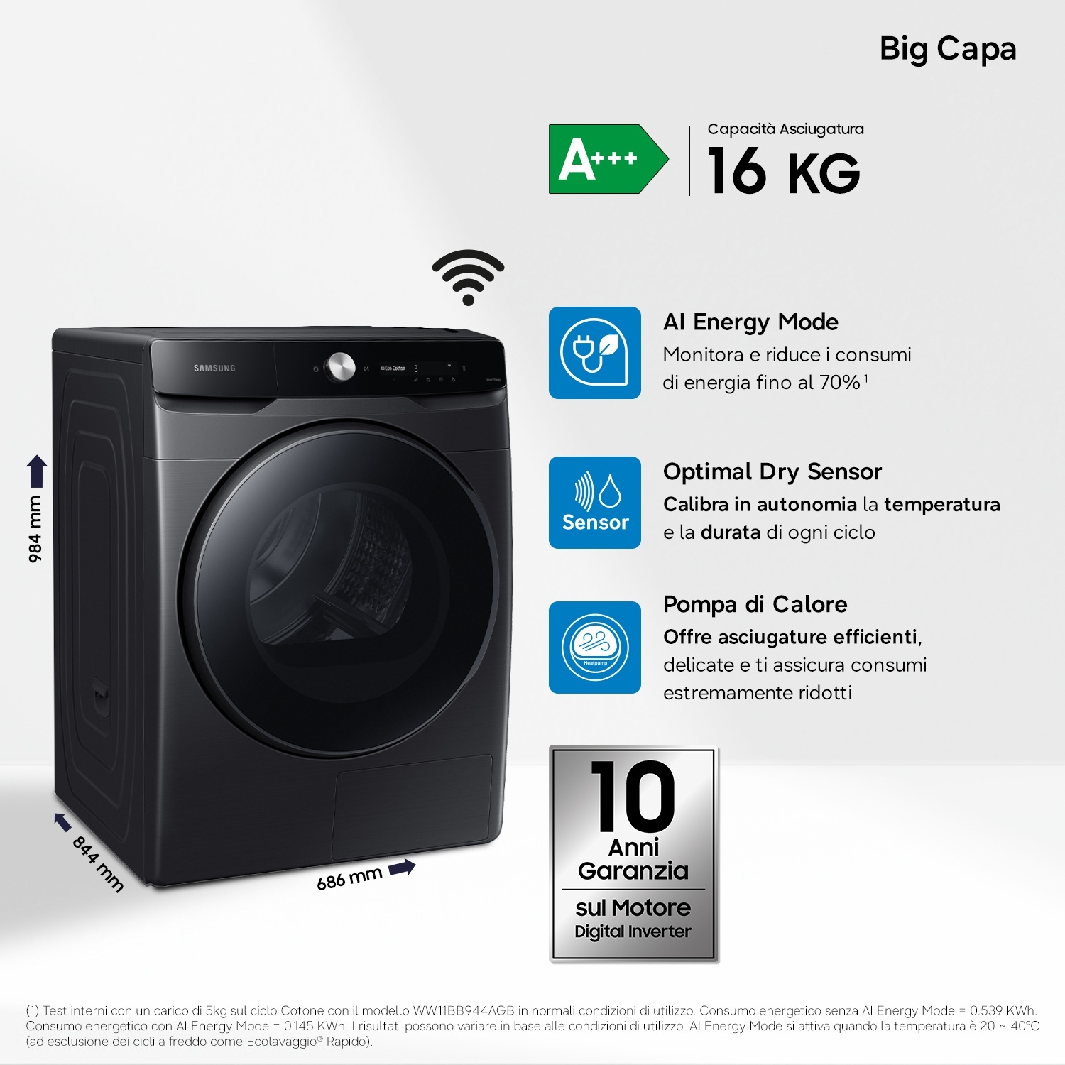 Lavatrice Samsung grigio scuro con touchscreen. Classe energetica A+++, capacità 16 kg.