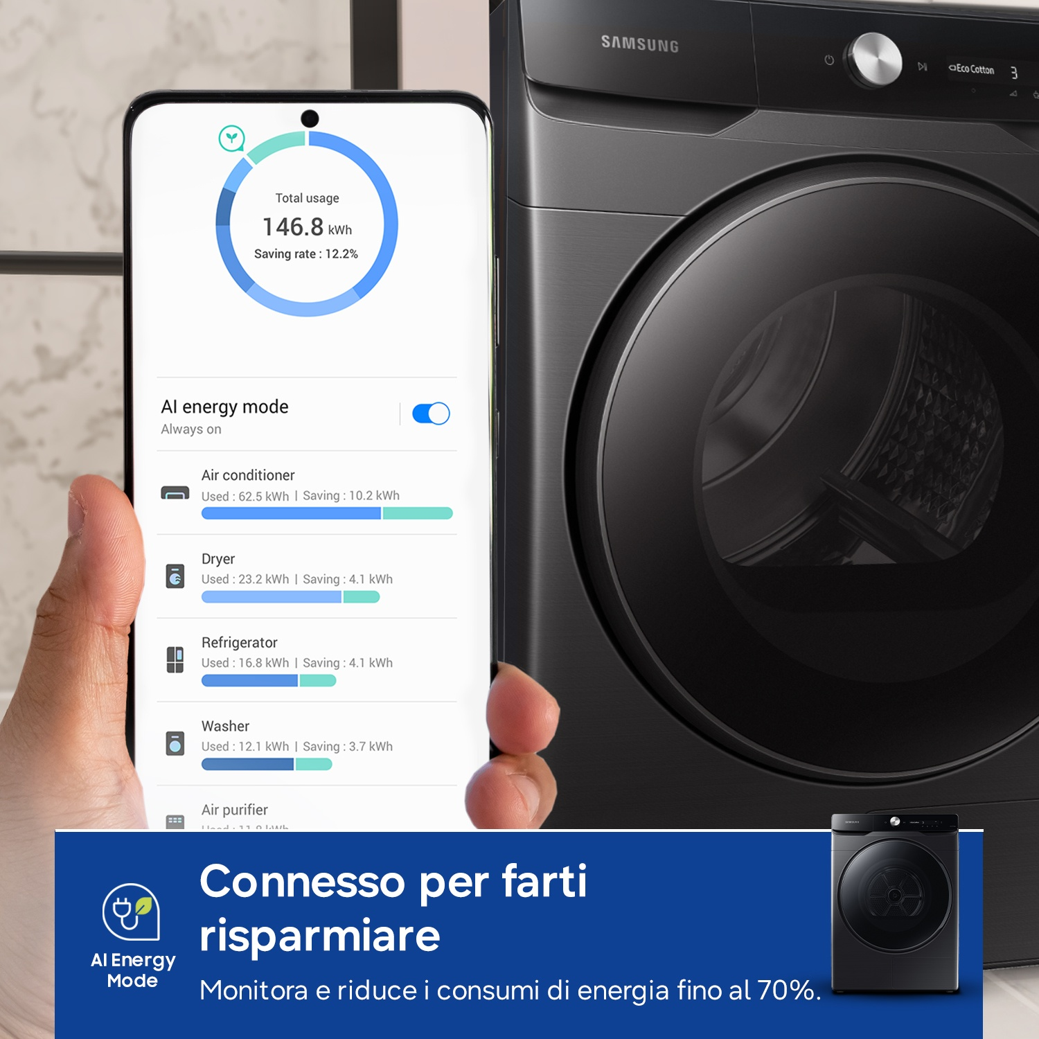 Smartphone mostra consumo energetico con modalità AI, accanto a una lavatrice Samsung.