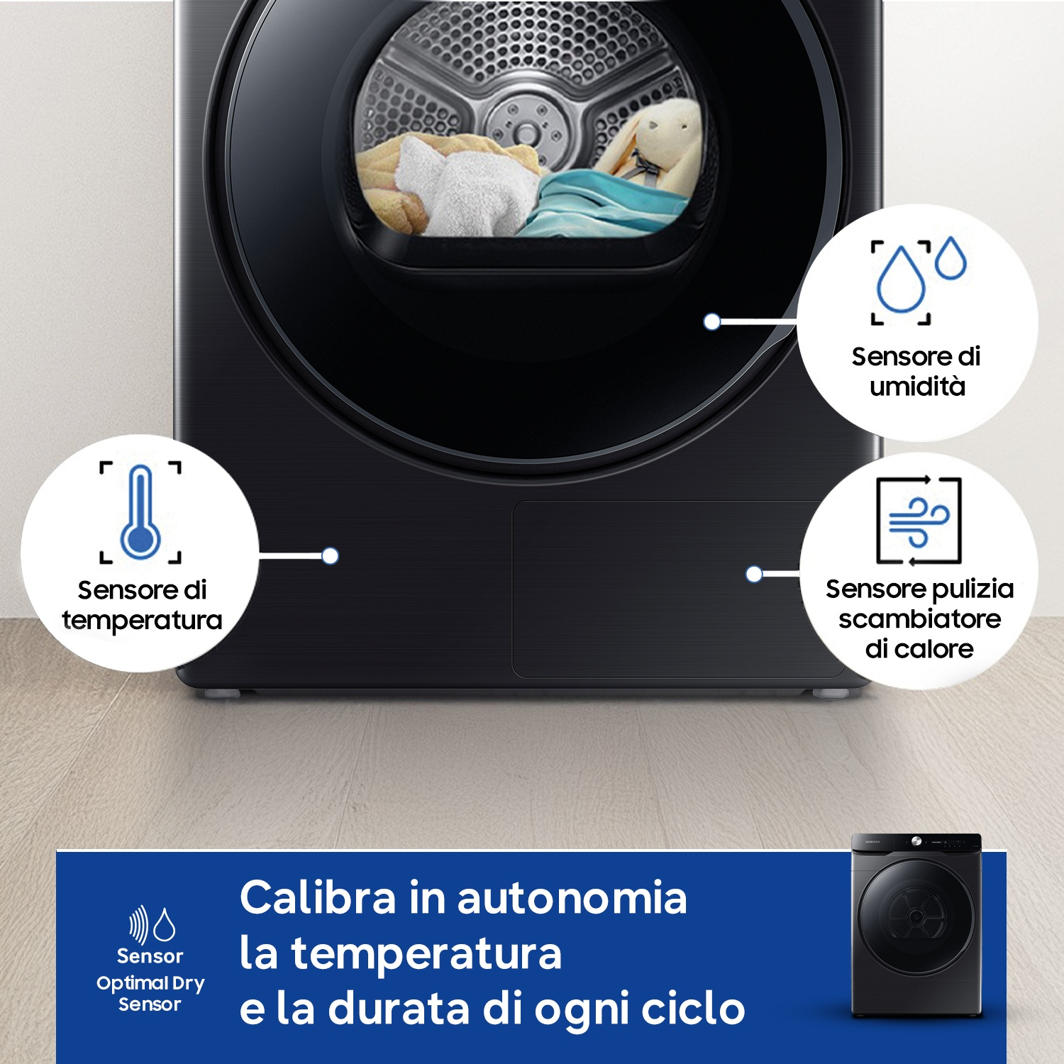 Asciugatrice nera con sensori di temperatura, umidità e scambiatore di calore.