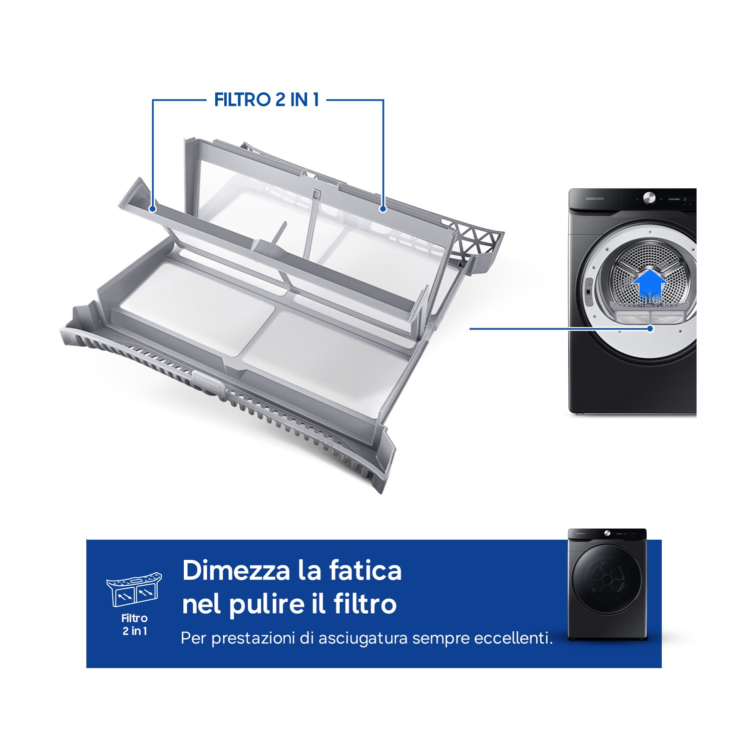 Un filtro 2 in 1 e un'asciugatrice Samsung sono mostrati.