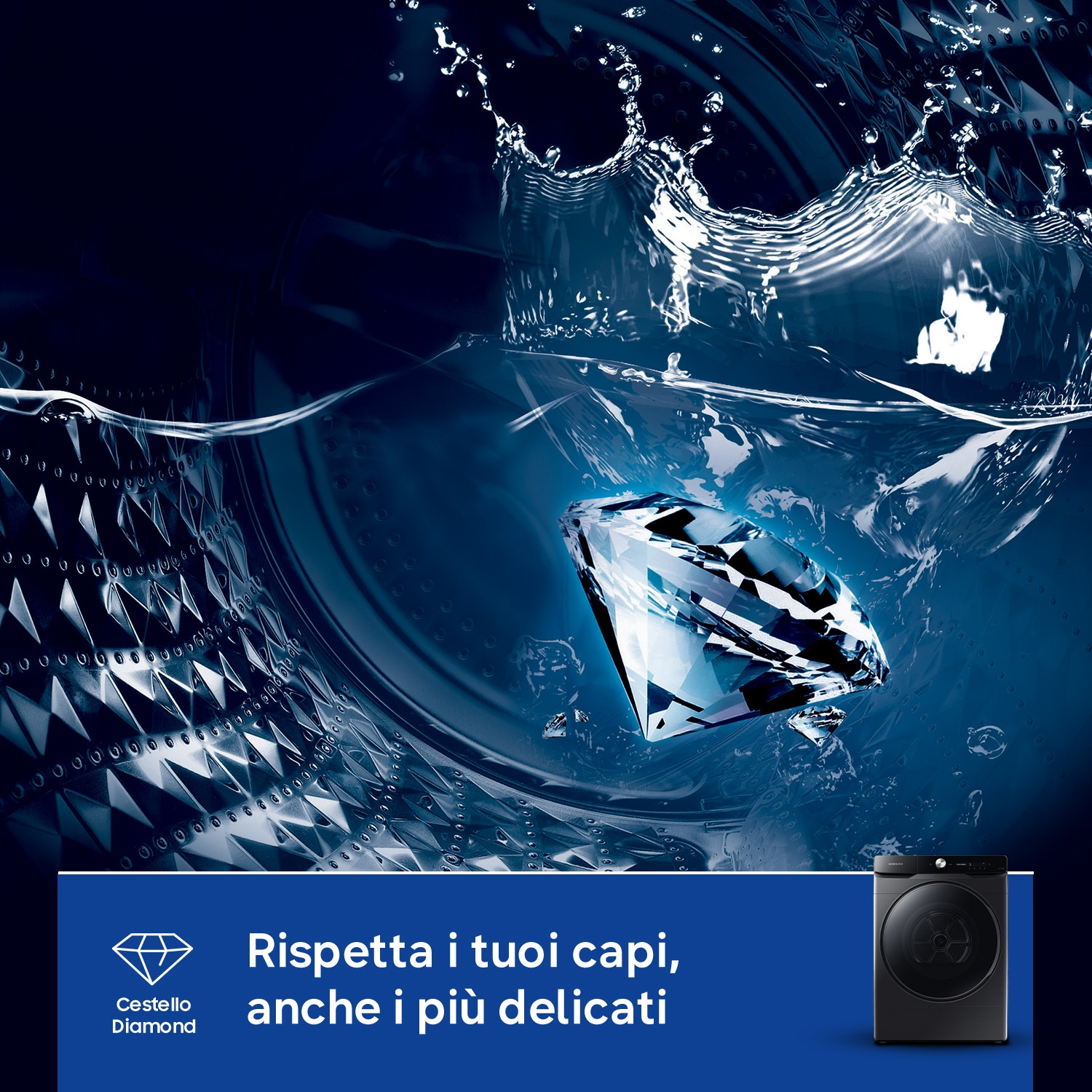 Un diamante cade nell'acqua dentro una lavatrice con una casella di testo accanto.